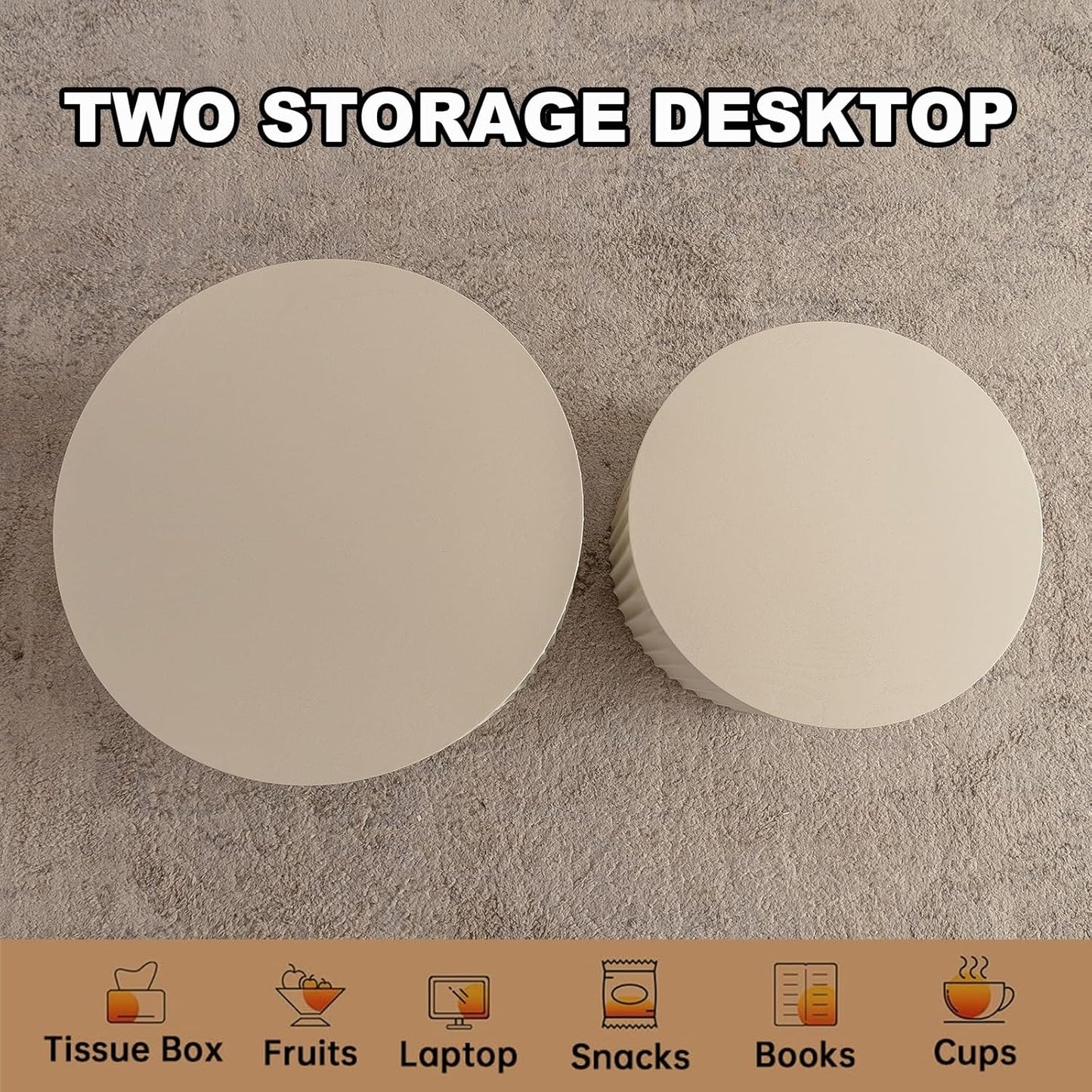 Round Nesting Coffee Table Set of 2, Modern Coffee and End Table Set Small Circle Wooden Drum Side Table Accent End Tables for Living Room Office, No Assembly,Cream Small