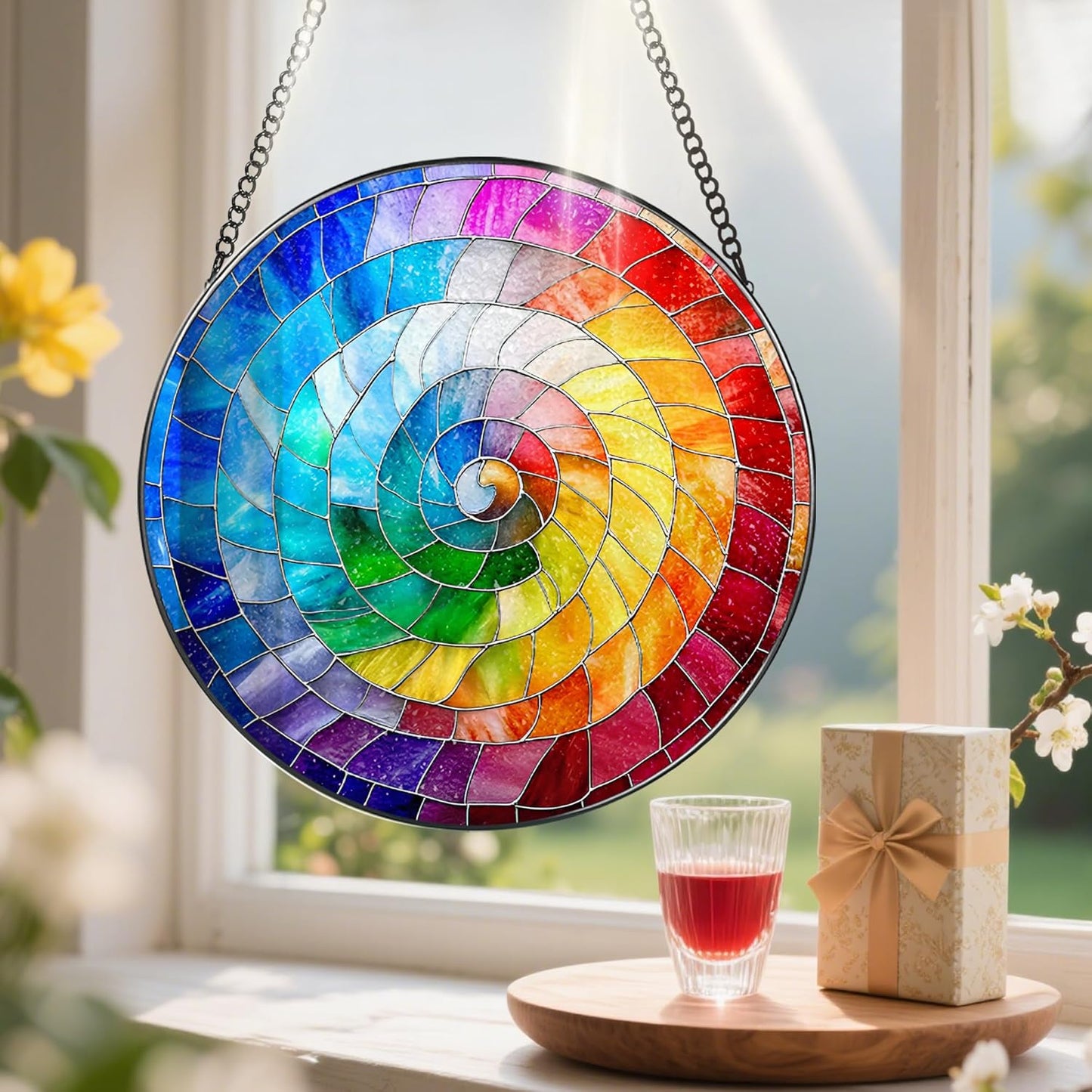 Stained Glass Window Hanging, 8 Inch Rainbow Spiral Stained Glass Suncatcher, Spiral Window Hanging Decor, Geometric Spiral Suncatcher Wall Decor, Gift for Women Men Wife Lovers and Mom