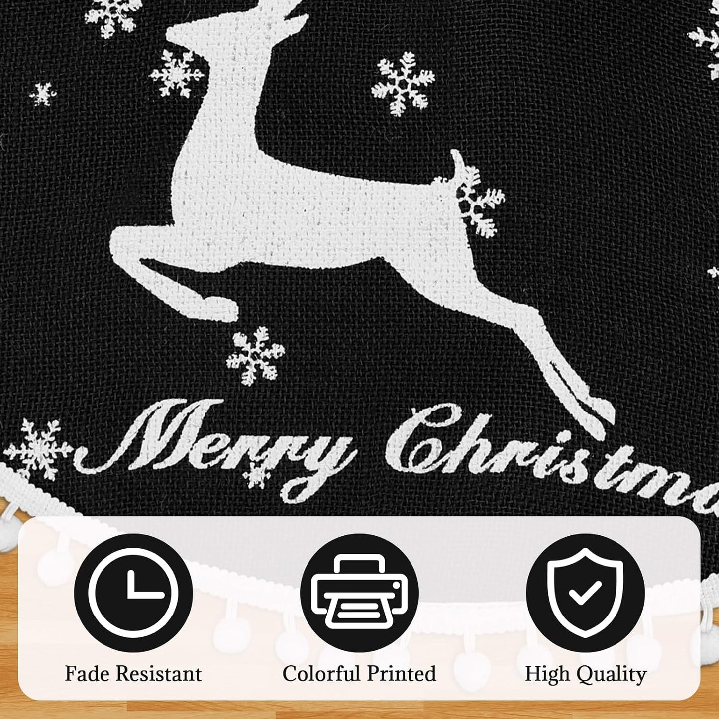 24 Inch Christmas Tree Skirt, Burlap Black Christmas Rustic Tree Skirt with Elk Deer and White Snowflake Printed for Holiday Party Xmas Tree Decoration