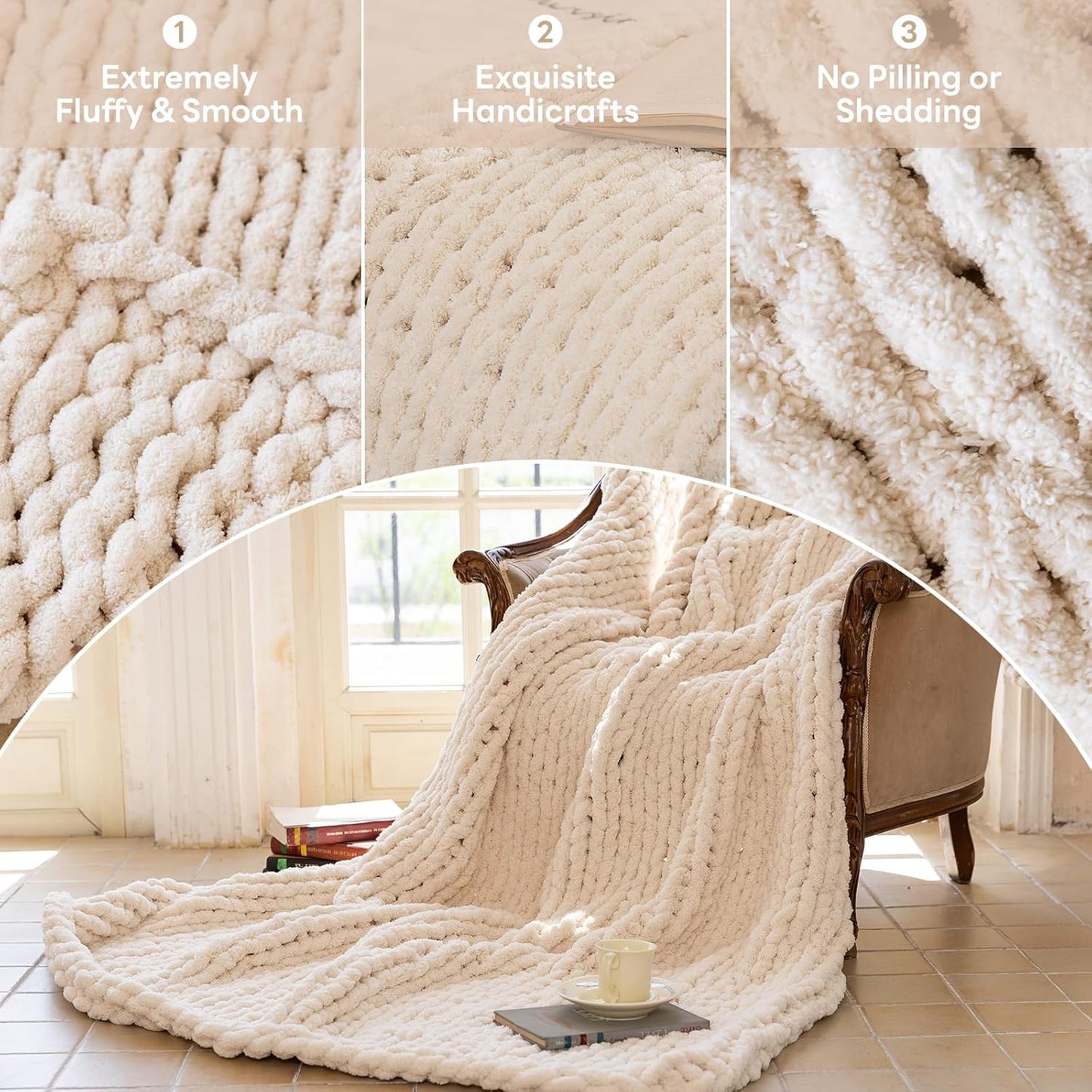 Chunky Knit Blanket - Luxury Soft Cozy50 * 60 Throw Blanket,100% Woven Blanket Rope Knot Throw Blanket for Couch, Sofa, Home Decor, Gift - Machine Washable(Cream)