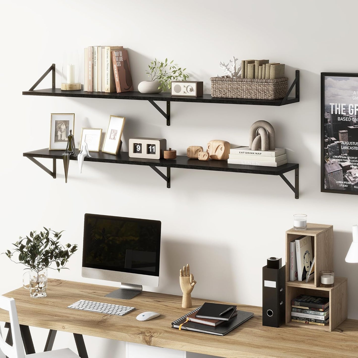 Floating Shelves 55 Inch Long, 10" Deep Floating Shelves, Black Wall Shelves 55 x 10, Set of 2, Wide Large Display Storage Shelves for Bathroom, Living Room, Rustic Wood Shelves with Brackets