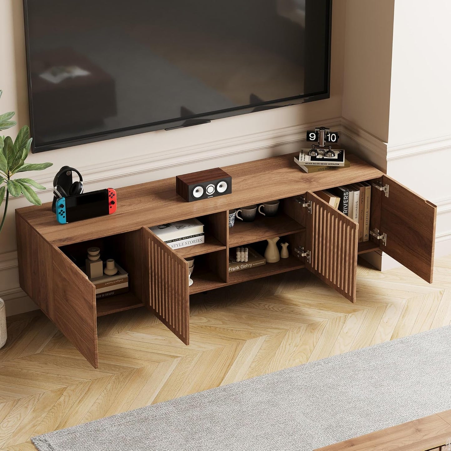 Mid Century Modern TV Stand for 70 Inch TVs, 70.87" Walnut Console with Ample Storage – Stylish Entertainment Center for Living Room or Bedroom
