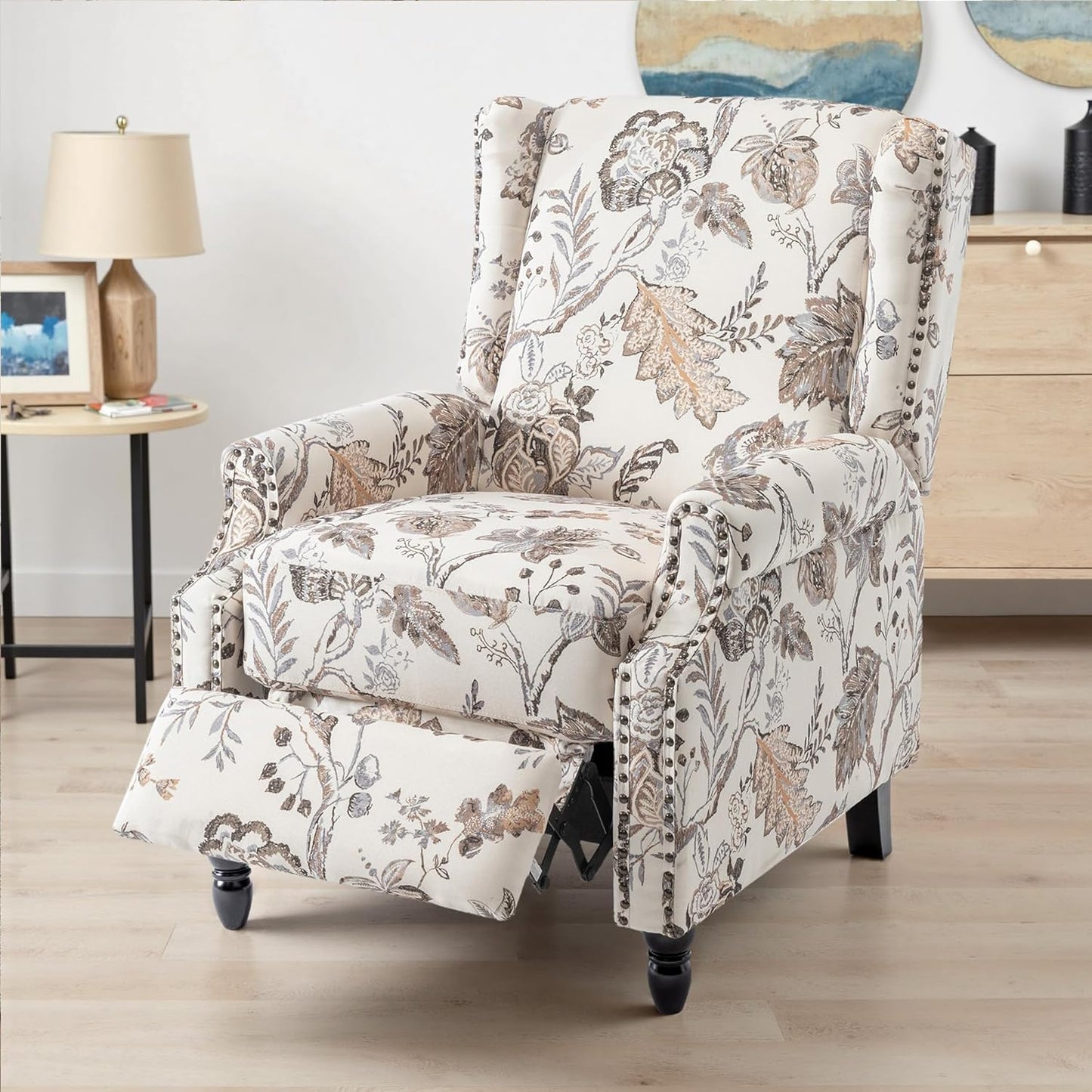 UIXE Recliner Chairs Set of 2, Fabric Upholstered Armchair Pushback Accent Chair for Living Room, Floral Rivet Trim Club Chair Home Theater Single Sofa Bedroom Side Reading Seat - Beige Plants