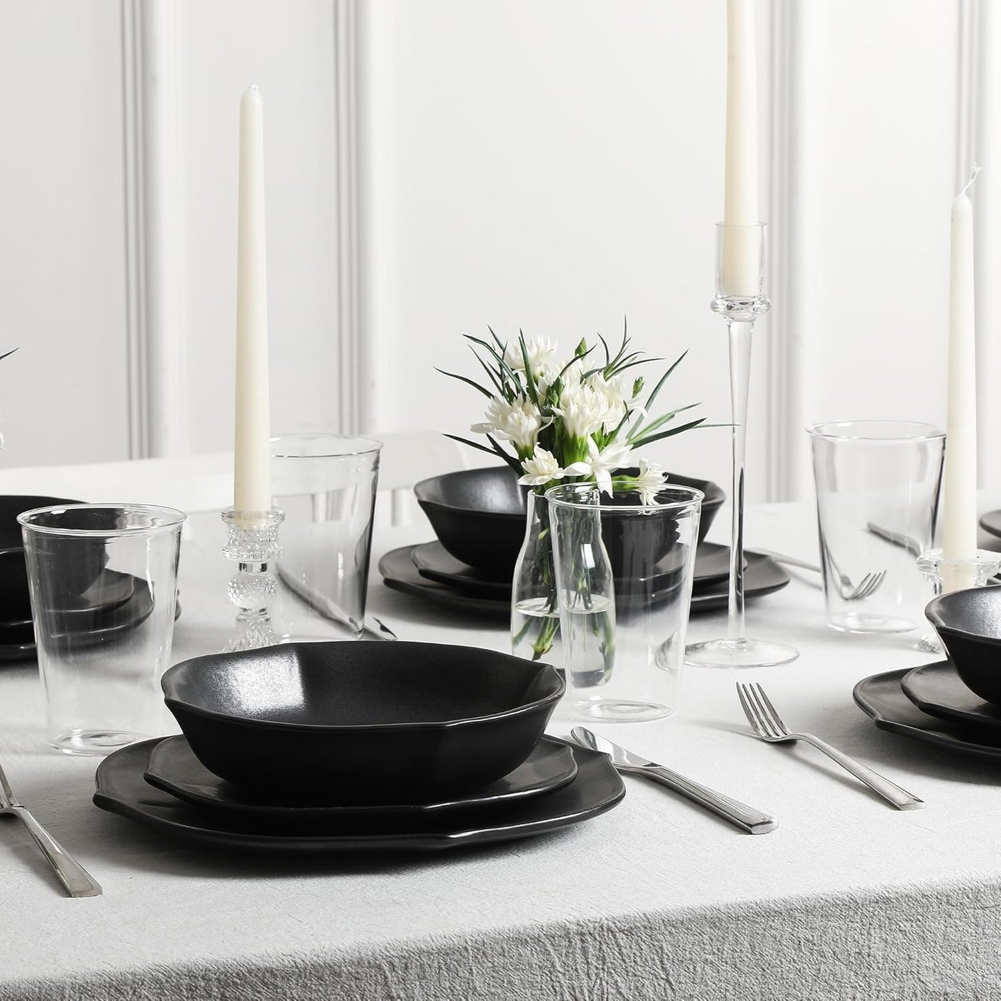 Stone Lain Baskerville 32-Piece Dinnerware Set Stoneware, Borosilicate Glass, Black