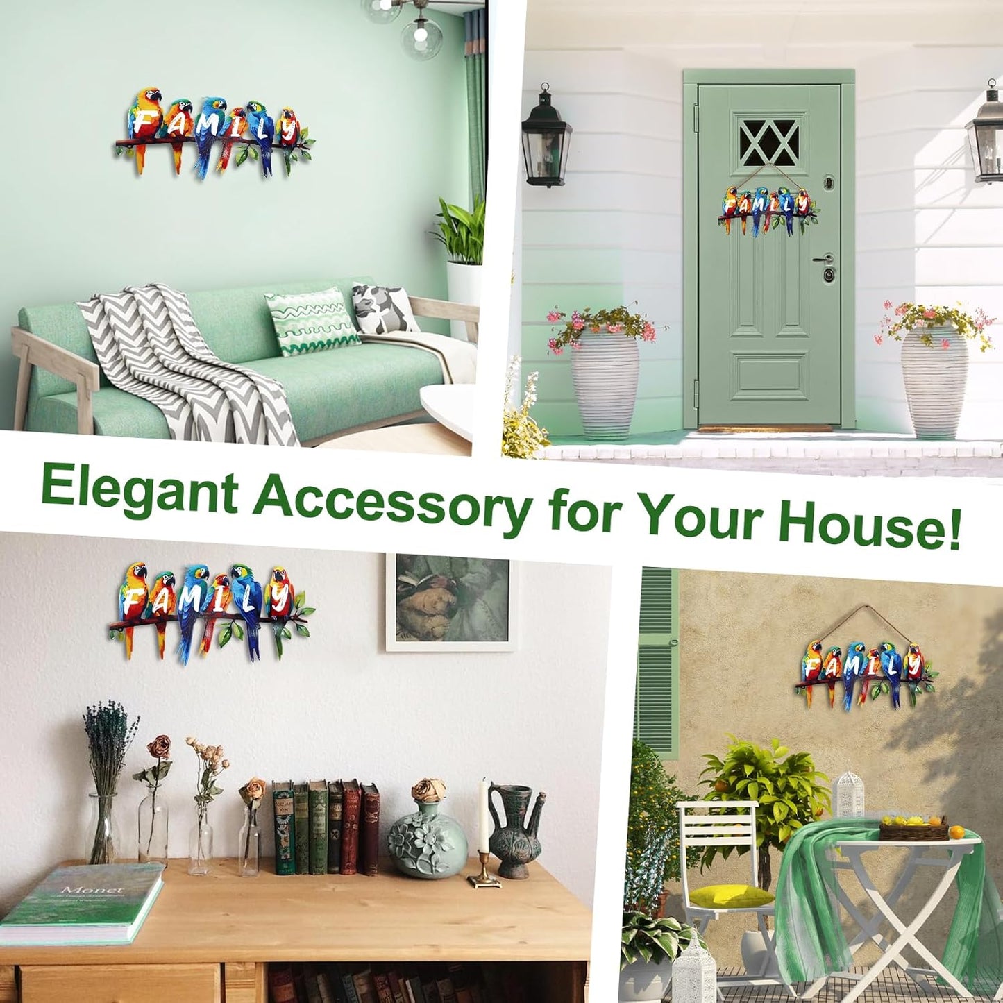 ULENDIS Metal Parrot Wall Art, Birds on Branch Wall Decor Family Sign for Front Door, Wall Hanging Decoration for Garden Living Room Balcony Patio Indoor Outdoor