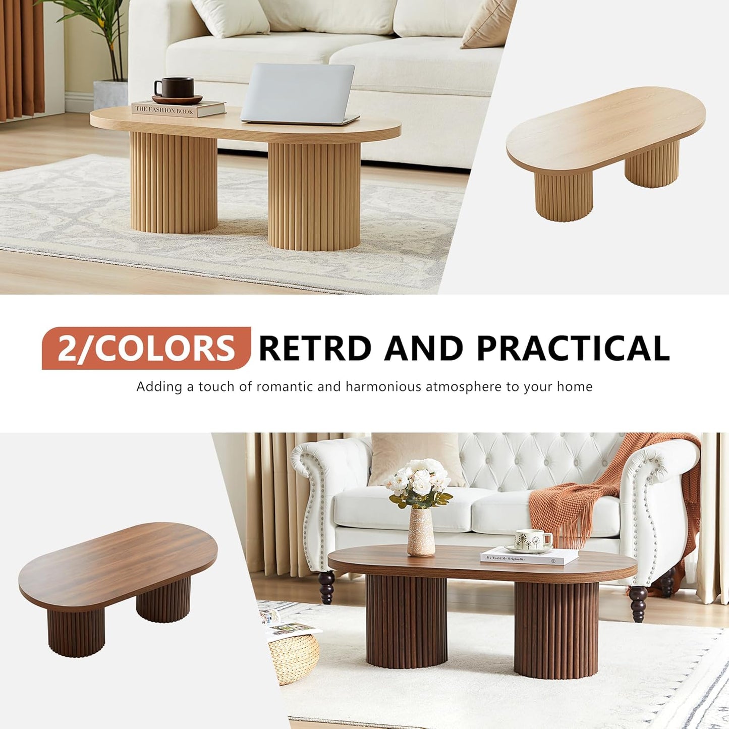 Oval Fluted Coffee Table, Farmhouse Wood Coffee Table Mid Century Modern Center Table Boho Living Room Tables for Living Room Office (Walnut, 19.69" D x 39.38" W x 13.78" H)