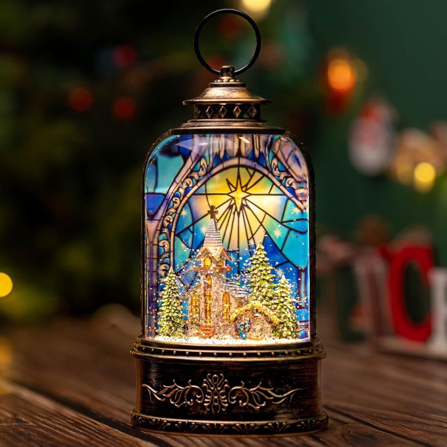 Christmas Snow Globe Lantern Water Glittering Churches & Holy Family with Music& Timer, USB Lined/Battery Operated Lighted Lantern for Christmas Festival Decoration Gifts