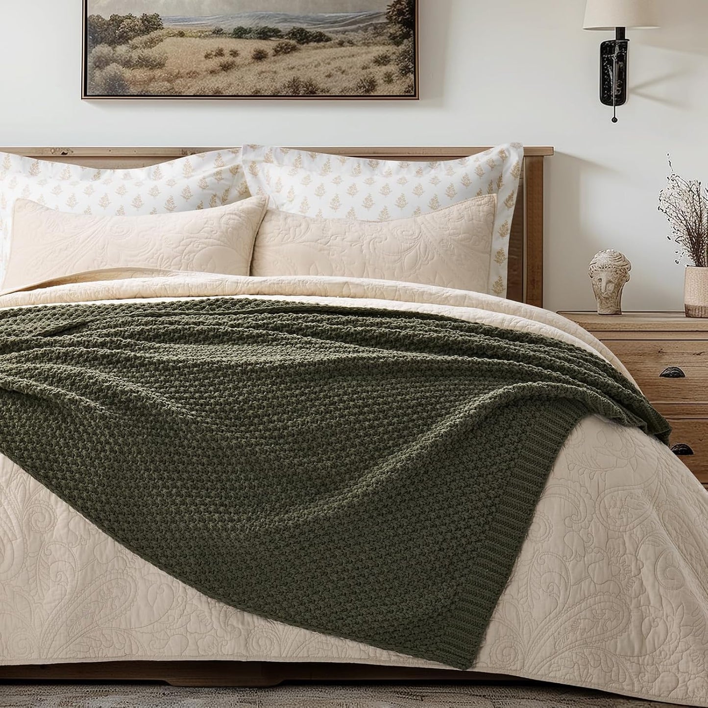 Chunky Chenille Knit Throw Blanket for Couch, Soft Luxurious Moss Stitch Blankets for Bed, Cozy Decorative Farmhouse Knitted Throws for Sofa, Olive Green, 60" x 80"