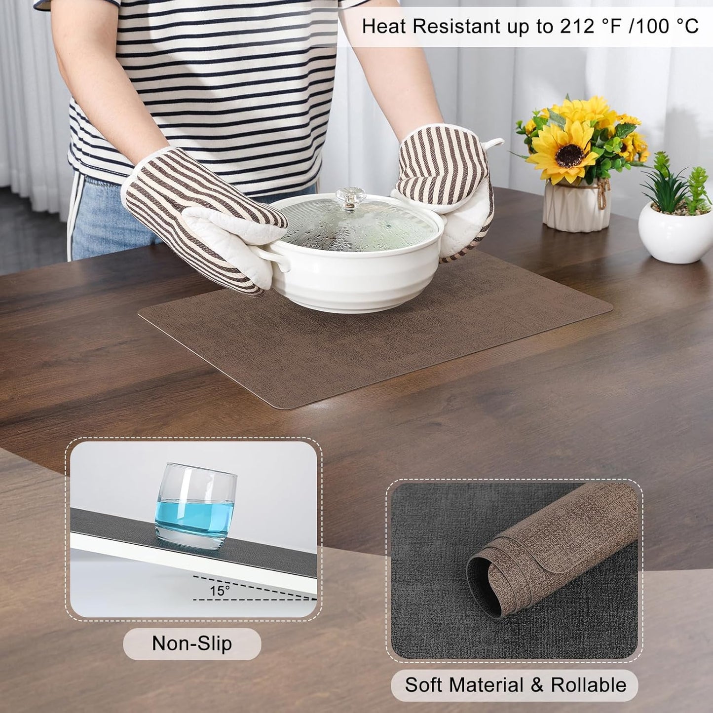 Myir JUN Placemats Dual Sided, Faux Leather Place Mats Set of 4 Indoor Placemat for Dining Table Outdoor Place Mat Square Non-Slip Washable Table Mats (Gray Brown, Set of 4)