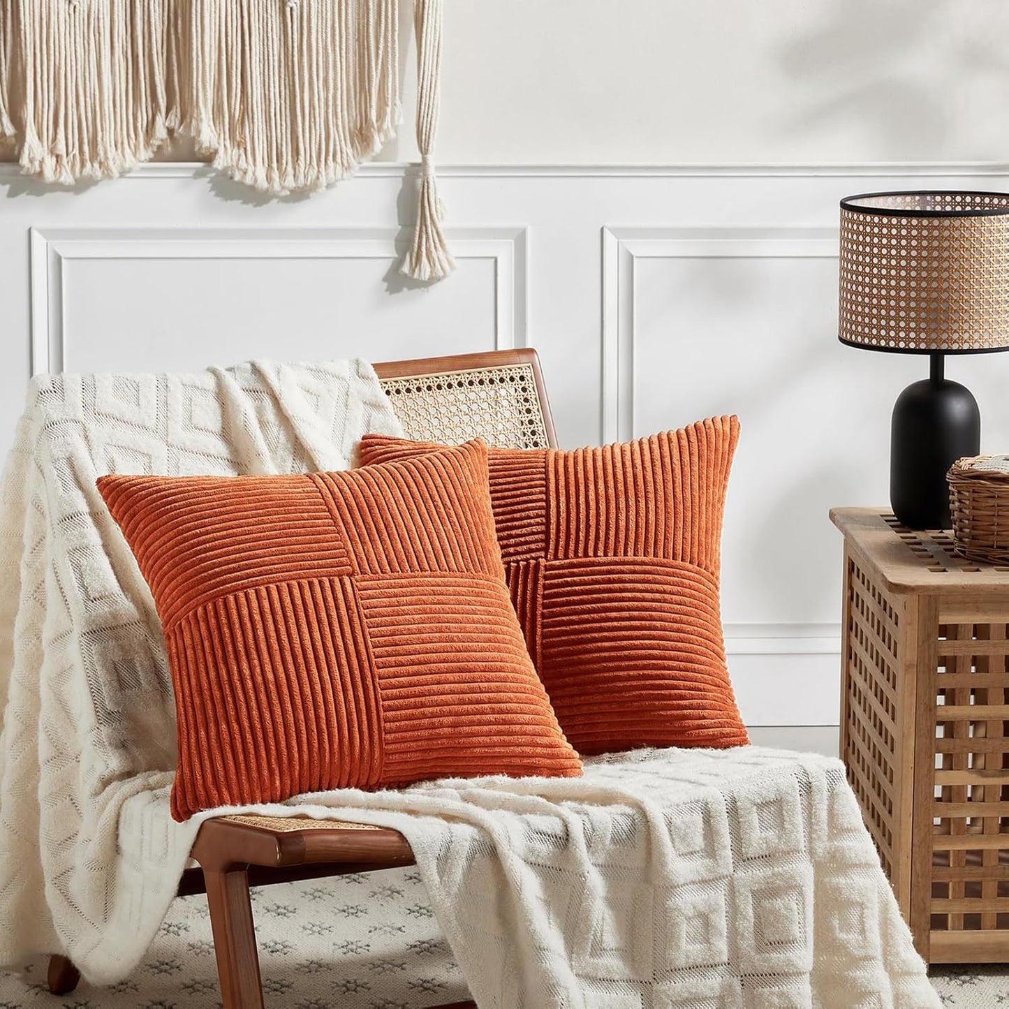 Fancy Homi Set of 2 Burnt Orange Decorative Throw Pillow Covers 16x16 Inch for Living Room Couch Bed, Boho Farmhouse Fall Home Decor, Soft Corss Corduroy Patchwork Textured Cushion Case 40x40 cm