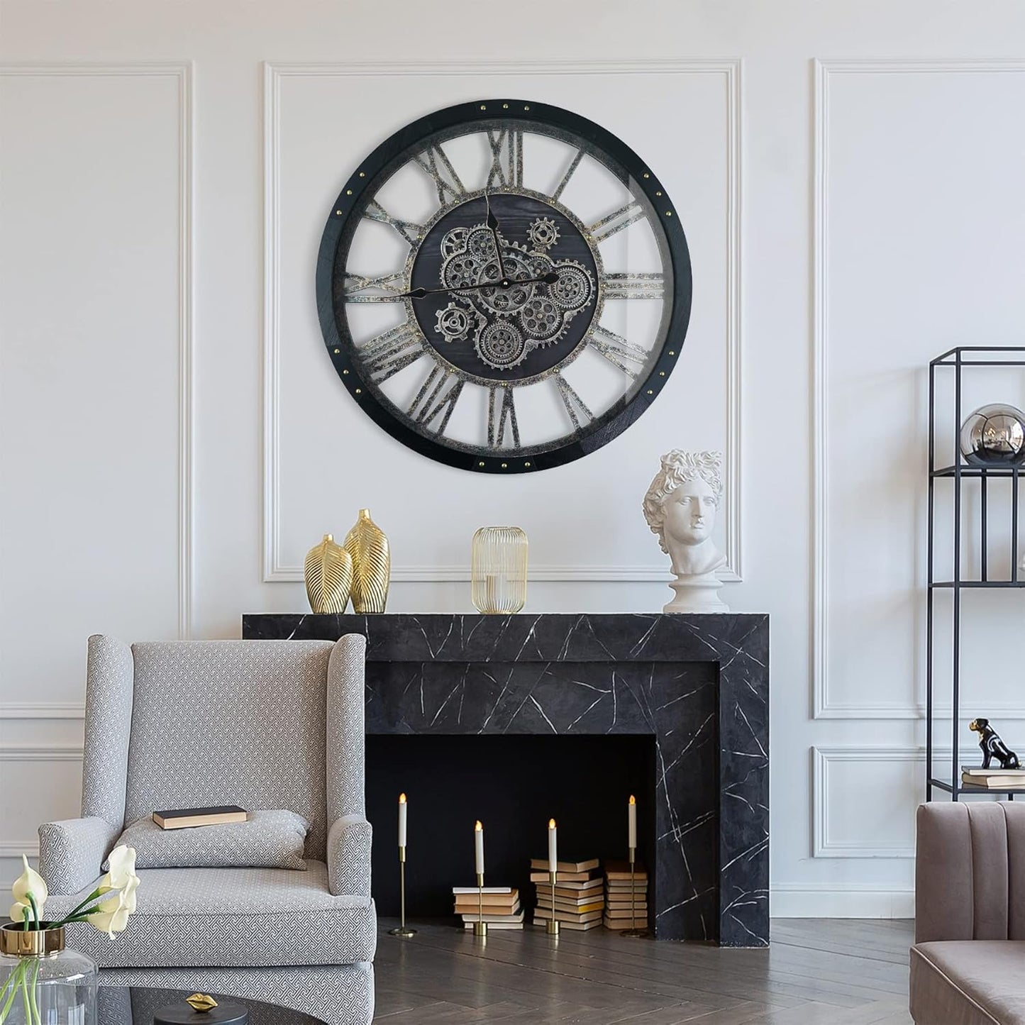 36 Inch Moving Gear Wall Clock, Oversized Wall Clocks, Clock Living Room Decor, Solid Wood Frame, Battery Operated, Large Wall Clock with Steampunk Industrial for Fireplace(Black)