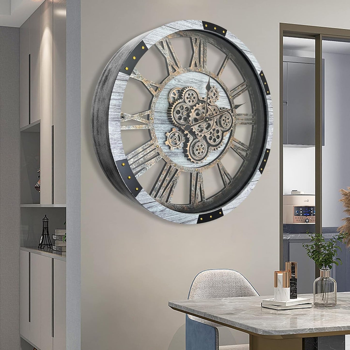 DORBOKER 24" Large Wall Clock with Moving Gears,Oversize Vintage Industrial Rustic Farmhouse Clocks for Living Room Decor Office Home,Solid Wood HD Tempered Glass Cover,Silver Grey
