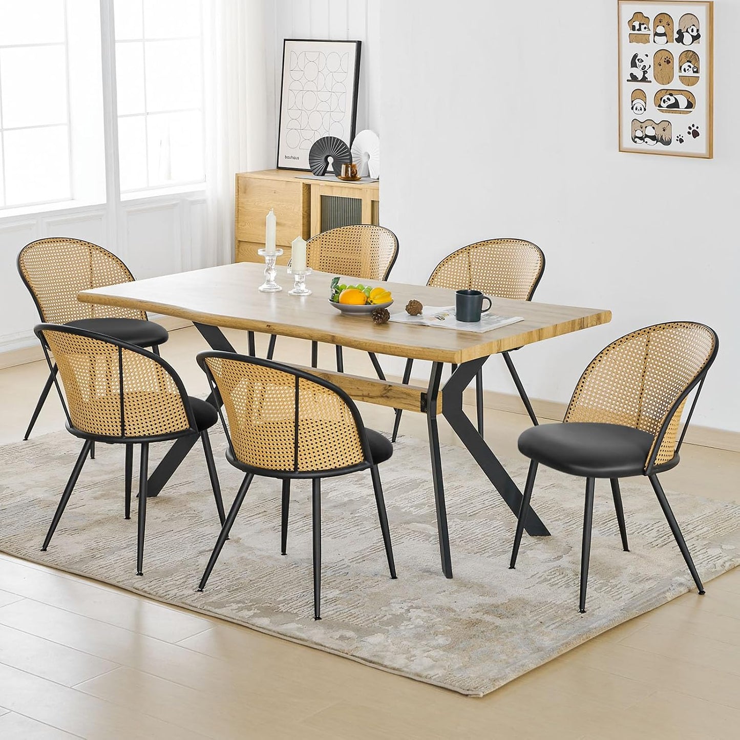 Dining Chairs Set of 6, Mid Century Modern Dining Room Chairs with Rattan Back, Faux Leather Kitchen Dining Chairs Farmhouse Armless Mesh Cane Back Side Chairs with Metal Legs, Black