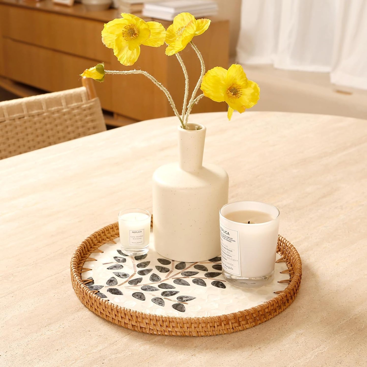 Round Rattan Tray with Mother of Pearl Inlay & Wooden Base - Decorative Wicker Serving Tray for Coffee/Bread/Fruits, Food Storage & Display - Multipurpose Home Decor (L,Little Tree)