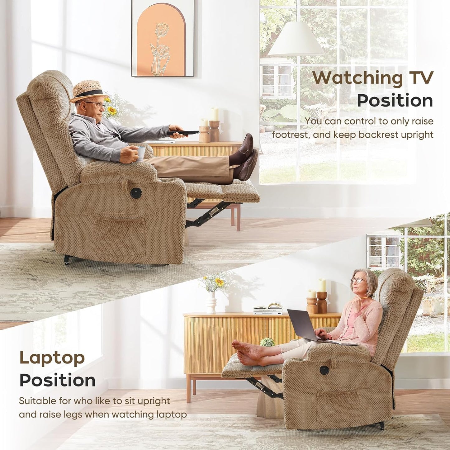 Oversized Dual Motor Lay Flat Power Lift Recliner Chair with Massage, Heating, Lumbar Pillow, USB & Type-C Ports, Textile Lift Chairs Recliners, Large Recliner for Big & Elderly People - Beige