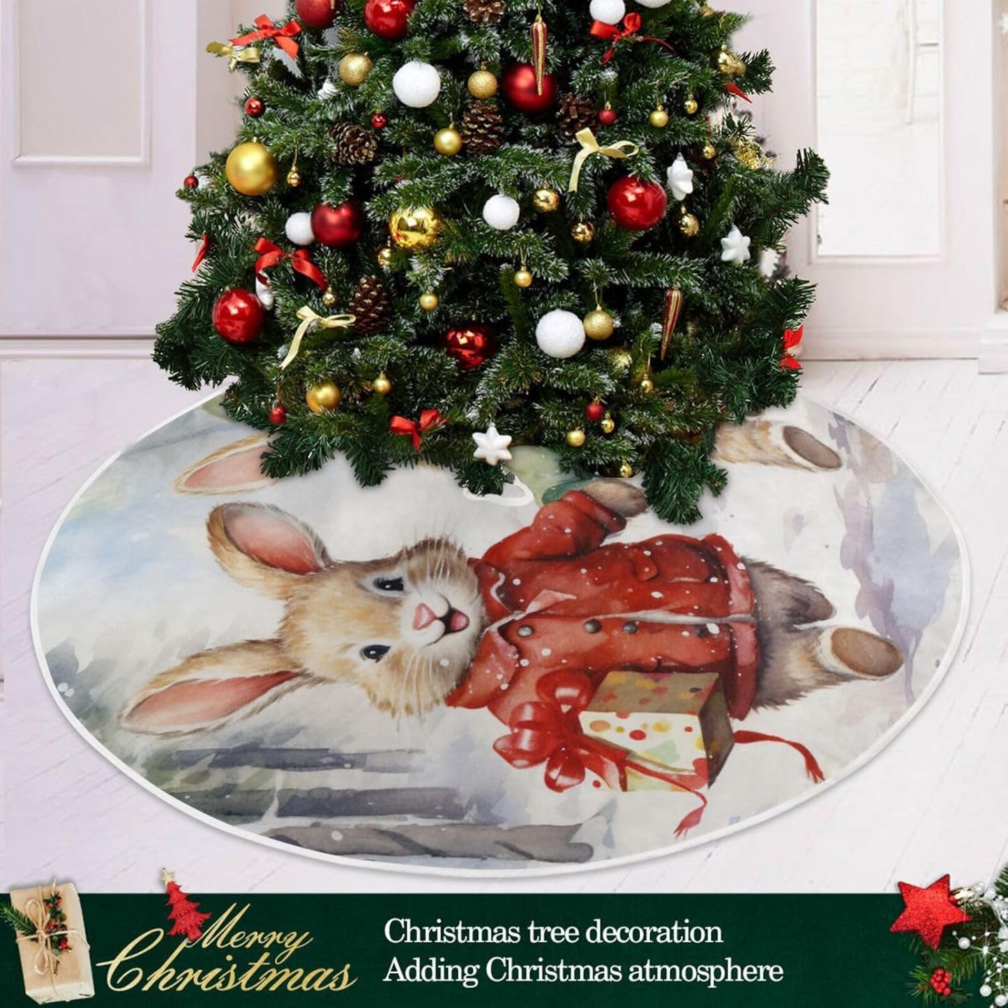 Christmas Tree Skirt - 48 Inch Rabbit Xmas Tree Mat for New Year Party Decorations