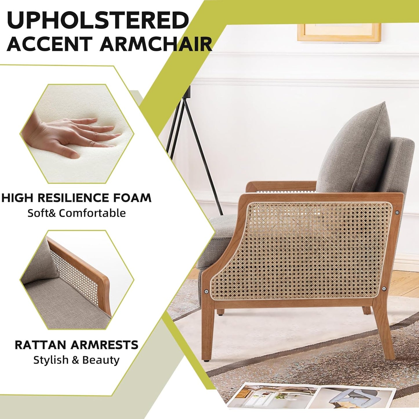 HAOBO Home Mid Century Modern Accent Chair Upholstered Living Room Chairs Armchair with Rattan Armrest Comfy Reading Chair with Wood Frame Lounge Side Chair with Waist Cushion Set of 2