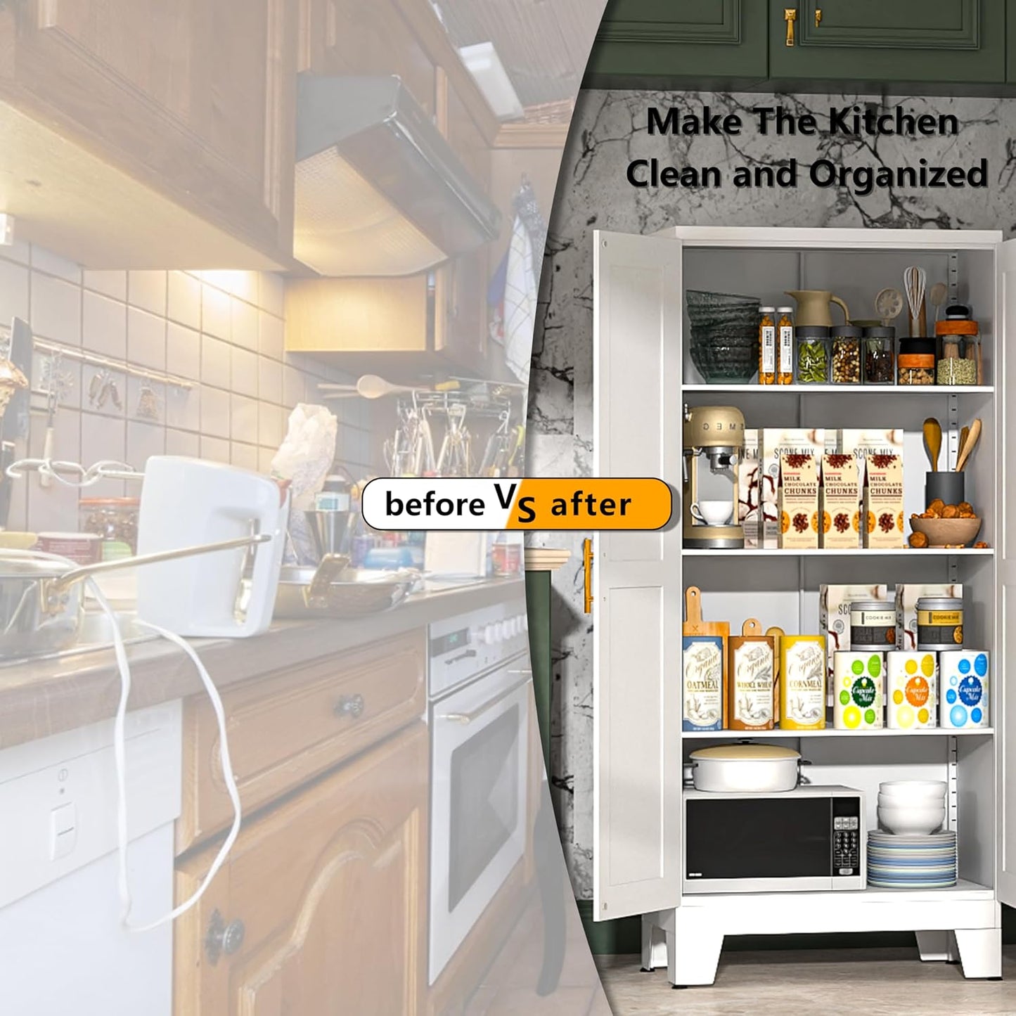 White Metal Kitchen Storage Cabinet, Kitchen Pantry Storage Cabinet with Doors and Shelves, Storage Cabinet with Adjustable Leveling Foot for Kitchen, Living Room and Dining Room. 61" H