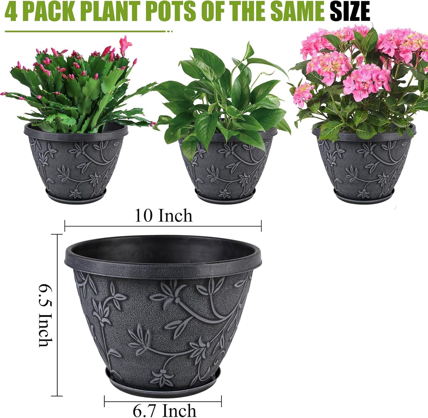 4 Pack 10 Inch Plant Pot for Outdoor Indoor, Plastic Flower Pots with Drainage Hole & Saucer, Lightweight Small Resin Flower Pot, Imitation Magnolia Planter Pots for Garden House(Gray)