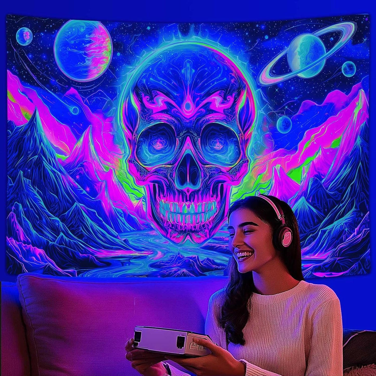 Blacklight Skull Tapestry, UV Reactive Gothic Skeleton Mountain Galaxy Planet Wall Hanging Tapestries, Glow in the Dark Horror Face Halloween Aesthetic Poster for Bedroom Living Room Decor 90X70IN