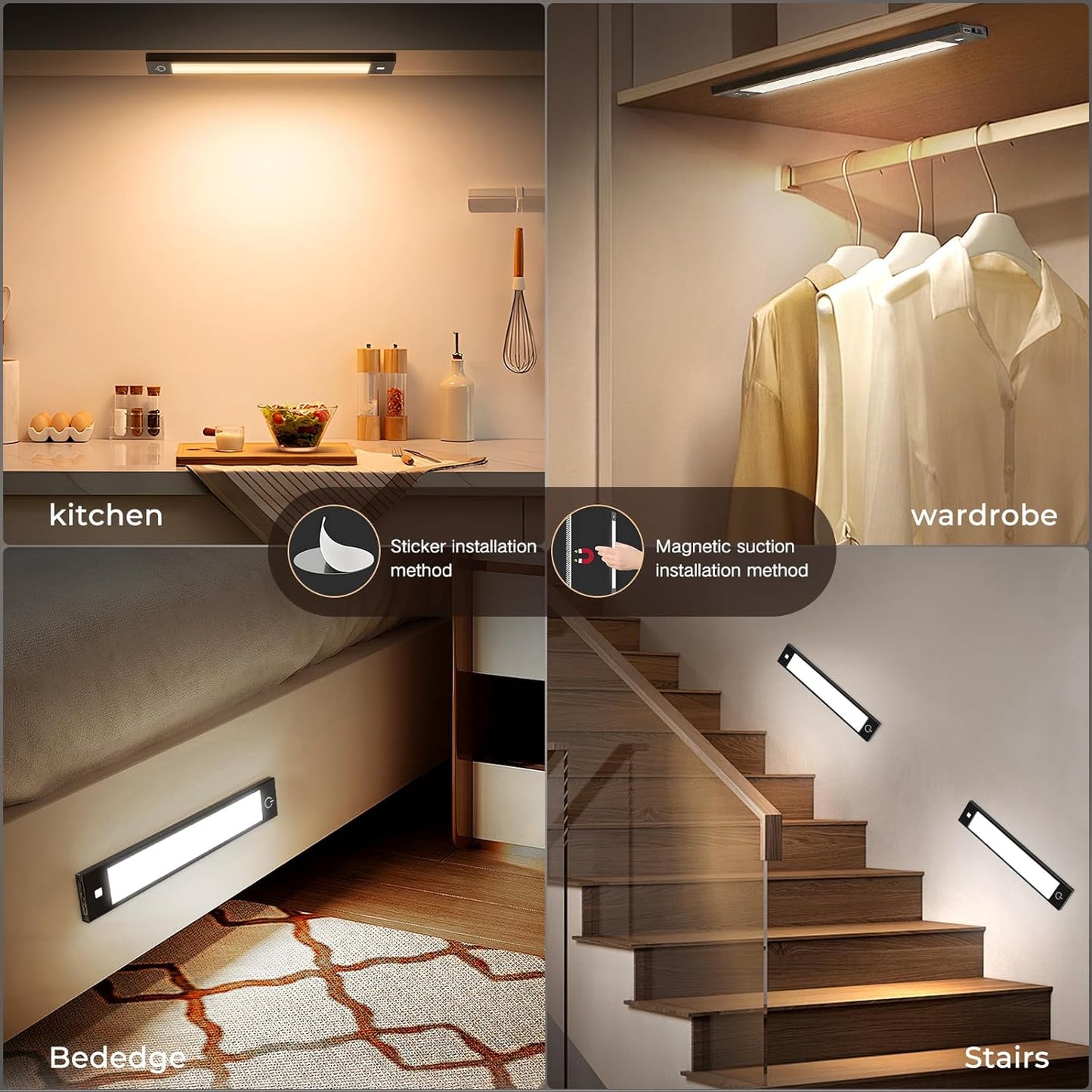 VST 72 LEDs Motion Sensor Lights Indoor 3 Color Temps, Dimmable Under Cabinet Lighting, 1800mAh Rechargeable Step Light, Cordless Night Light for Stair, Wardrobe, Kitchen 2 Pack