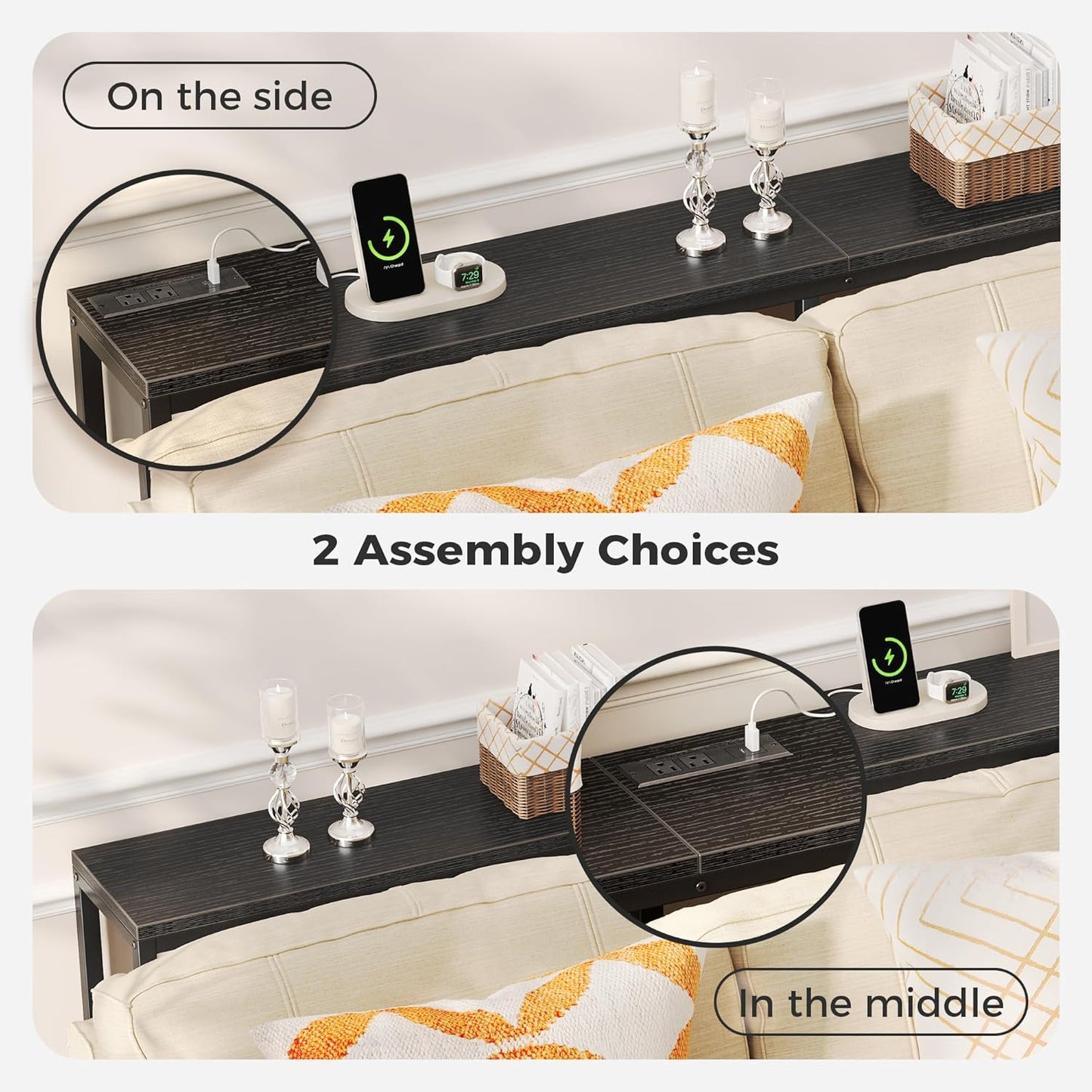 SUPERJARE Console Table with Outlet, 63 Inch Sofa Table with Charging Station, Narrow Entryway Table, Skinny Hallway Table, Behind Couch Table, for Living Room, Plants, Black