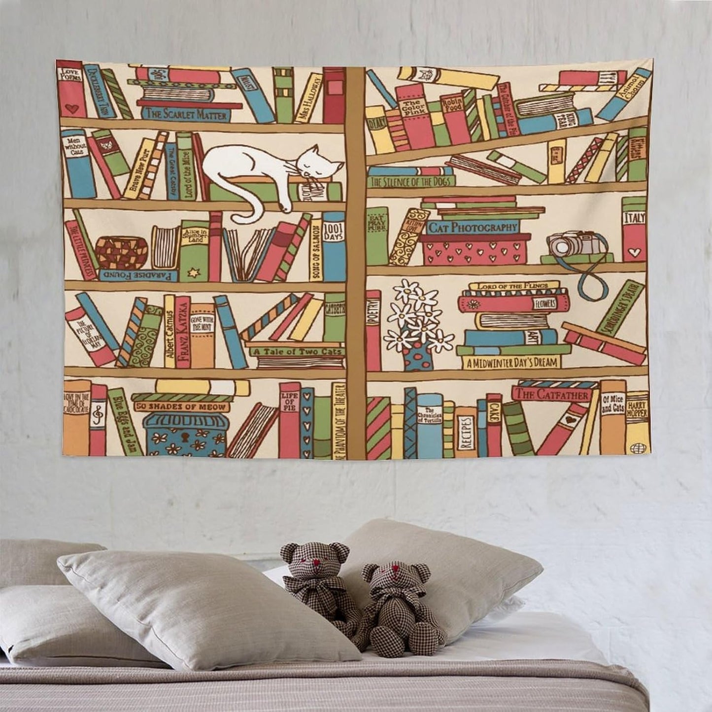 Kurtect Bookshelf Tapestry,Cute Cartoon Cat Sleeping Library Theme Pattern Print Tapestries for Party Beach Picnic Blankets Tablecloths Living Room Wall Deocr, 60x90 in