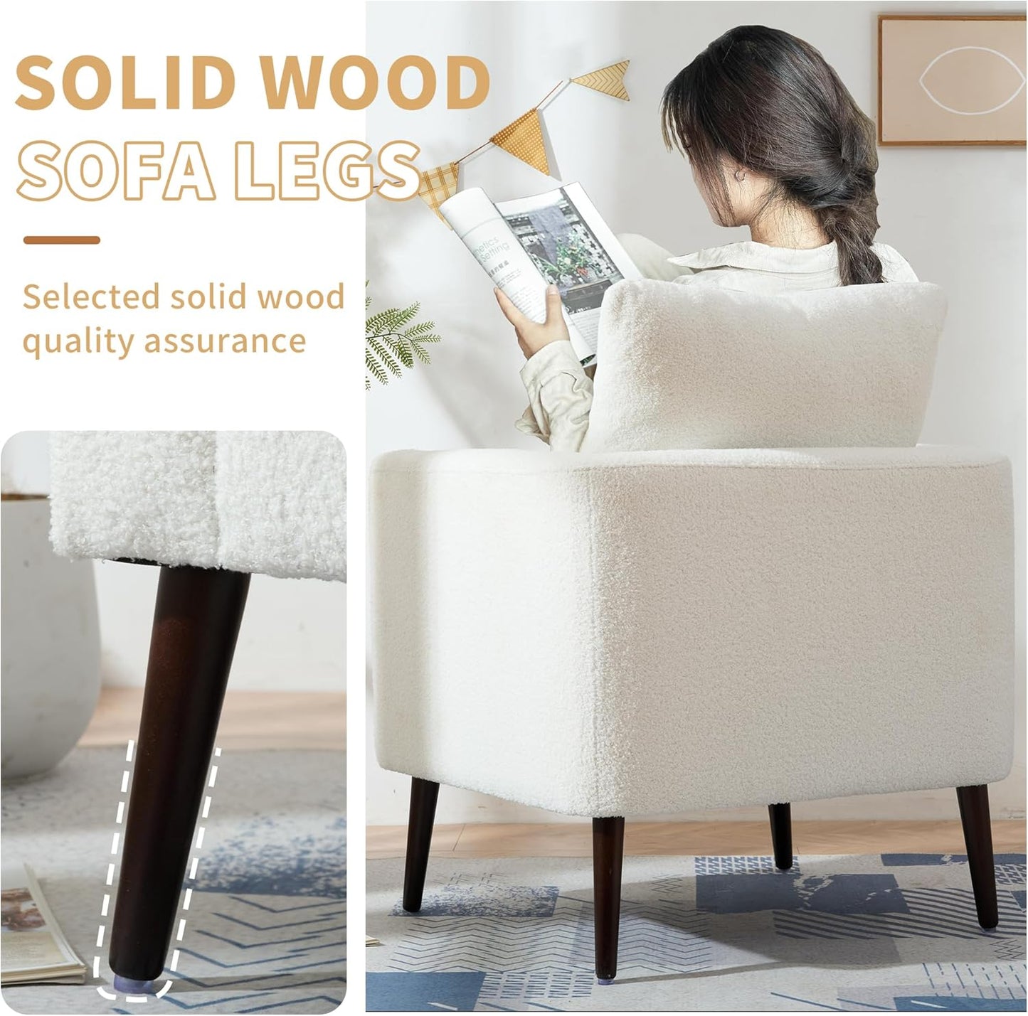 Barrel Accent Chair with Back Pillow, Large Teddy Upholstered Armchair with Solid Wood Legs Modern Reading Chairs for Living Room Bedroom