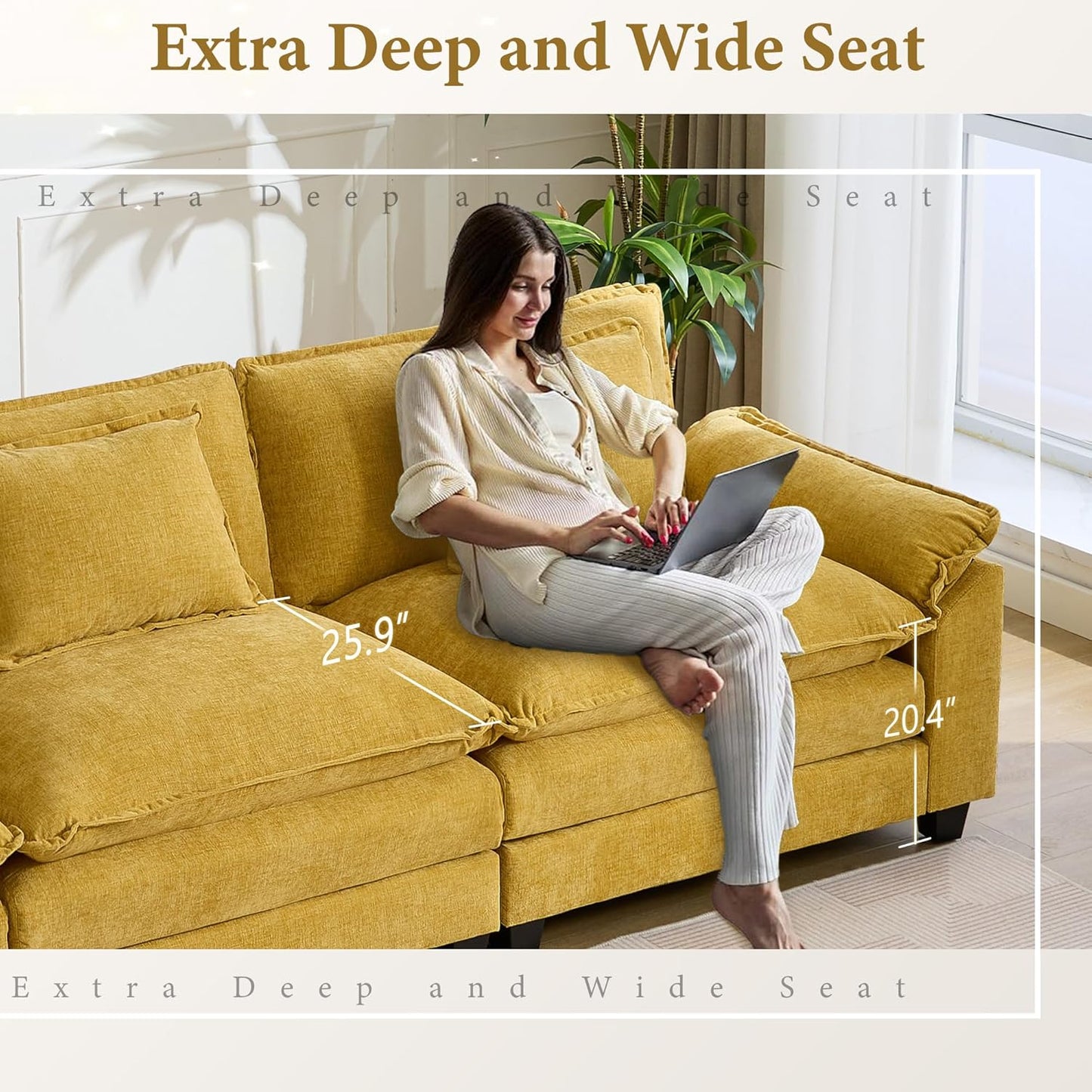 URRED Modular Sectional Sofa Comfy Cloud Couch, Modern Chenille Loveseat Sofa Sleeper Deep Seat Couches with Pillows for Living Room (Yellow, 82.6'')