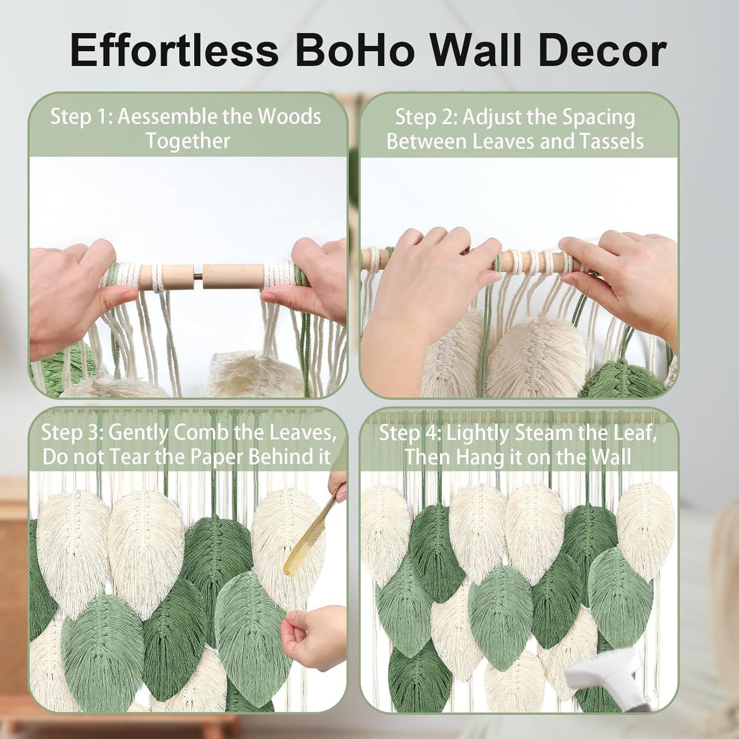 Macrame Wall Hanging Boho Wall Tapestry Handmade Woven Leaf Wall Decor Crochet Wall Art for Home Office Apartment (Green, 51.2" W x 34.3" L)