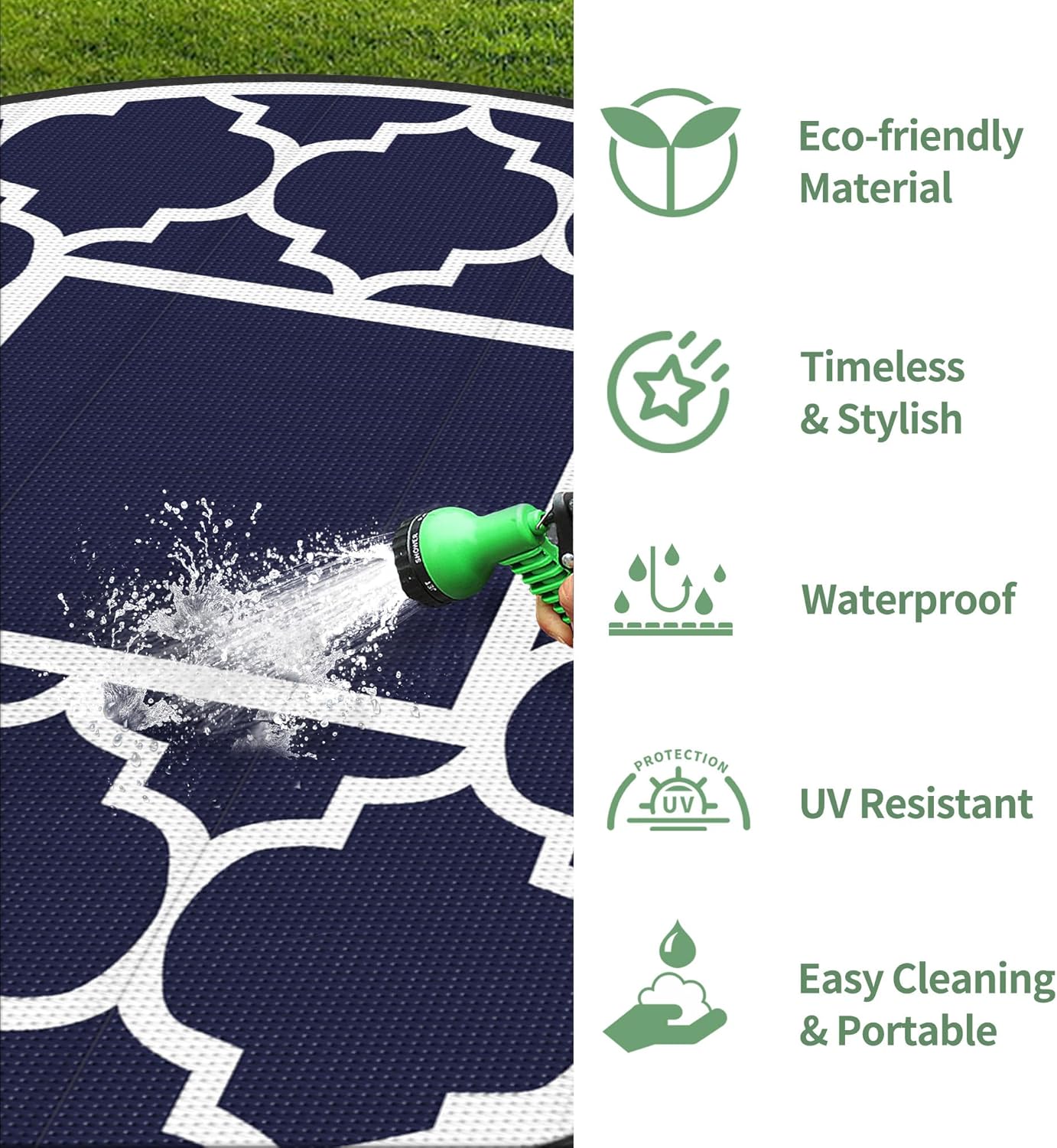 GENIMO 10 ' Round Outdoor Rug for Patio, Waterproof Indoor Outdoor Plastic Straw Rugs Carpet, Reversible Outside Area Mat for Camping, Balcony Porch, Deck, Picnic, Blue White