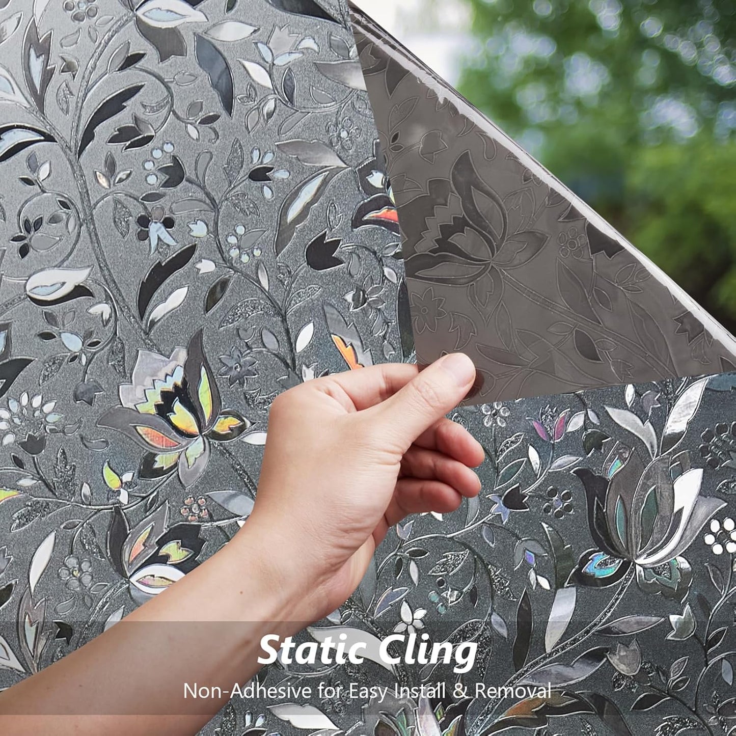 Kromapolis Window Film, Window Privacy Film Frosted, Vinyl Glass Covering, Stained Glass Decorative Film, Static Window Clings, Non-Adhesive (Grayish Black, 11.8 x 157.4 inch)