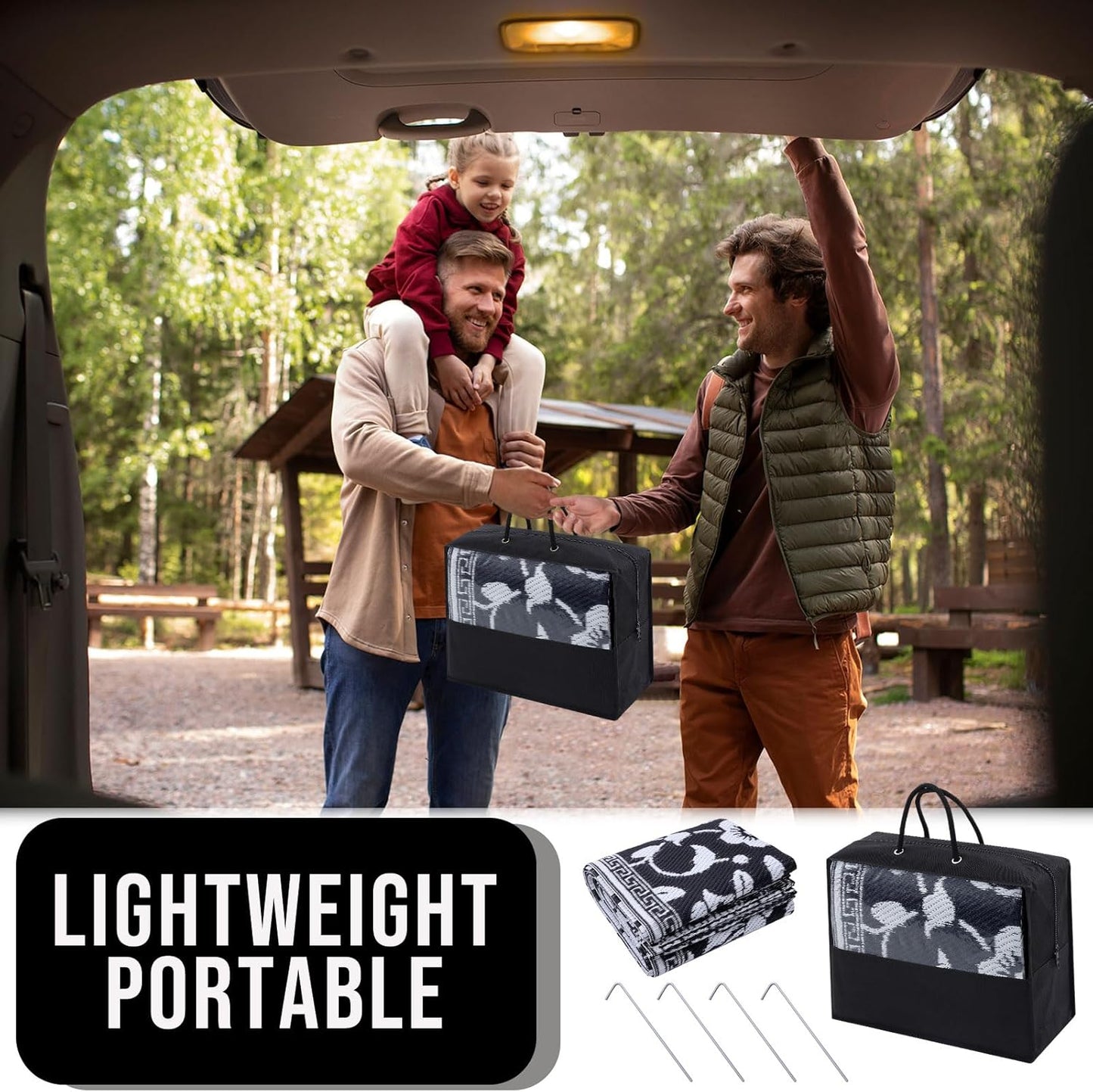 OLANLY Waterproof Outdoor Rug 9x12 ft, Outdoor Plastic Straw Rug with Flower Pattern, Reversible RV Mat for Patio, Camping, Balcony, Deck, Backyard, Black & White