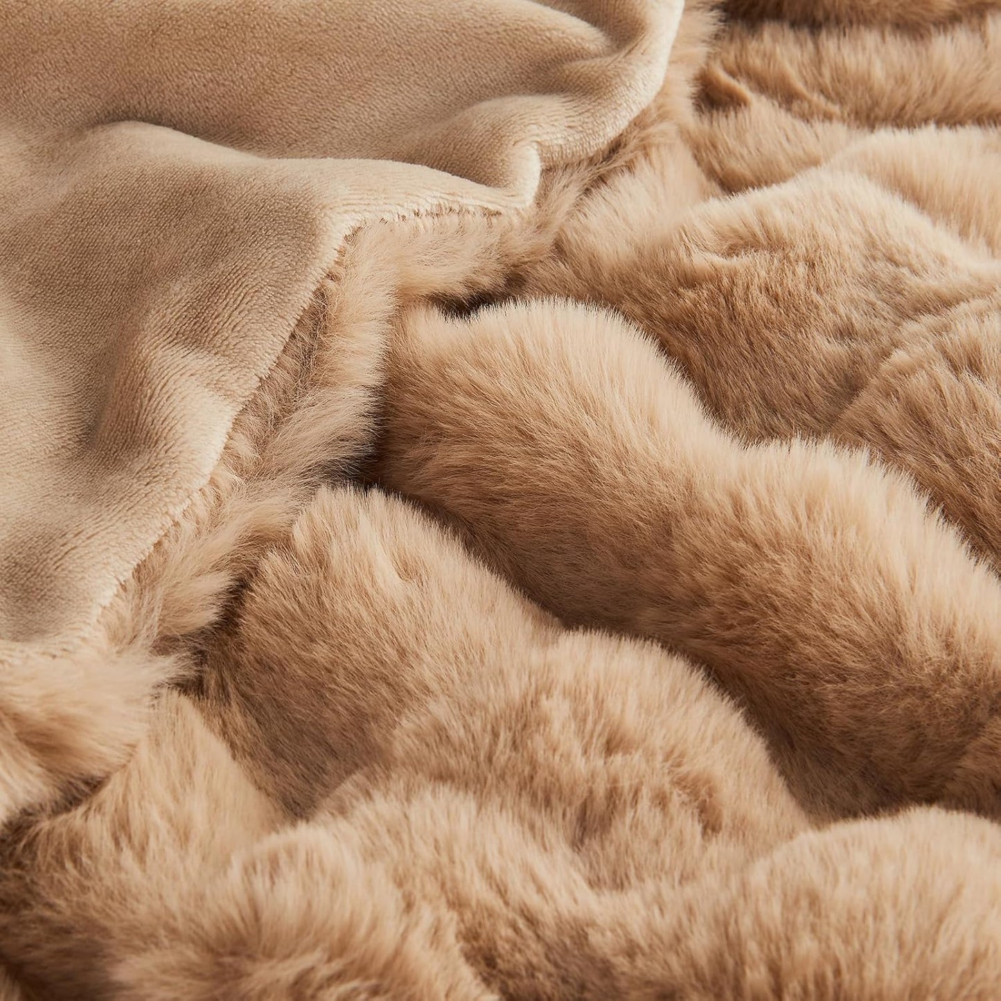 Lotus Karen Faux Fur Throw Blanket Khaki - Big Bubble Rabbit Fluff Blanket for Couch, Small Fluffy Fuzzy Cozy Blanket, Thick Furry Plush Shaggy Blankets, 50x60 Inches