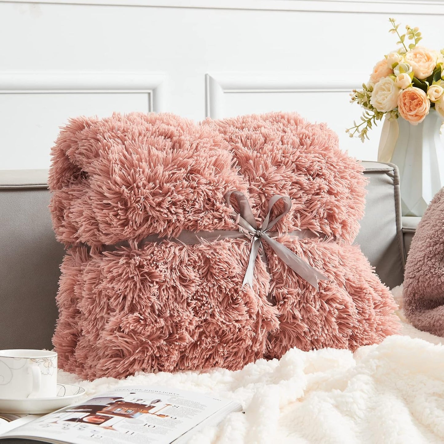 GONAAP Fuzzy Faux Fur Throw Blanket Twin Size Pink Super Soft Cozy Plush Fuzzy Shaggy Blanket for Couch Sofa Bed (Pink, Twin(60"x80"))