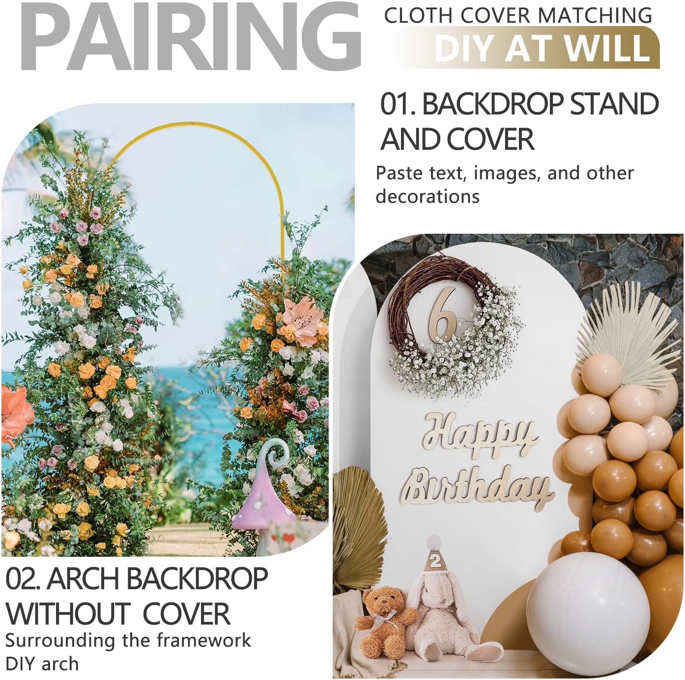 Arch Backdrop Stand and Cover Set, 2 Metal Balloon Arch Backdrop 7.2ft 6ft, Gold Arched Stand Frame for Wedding, Parties,Birthday, Backdrop Decorations (White,7.2ft+6ft)