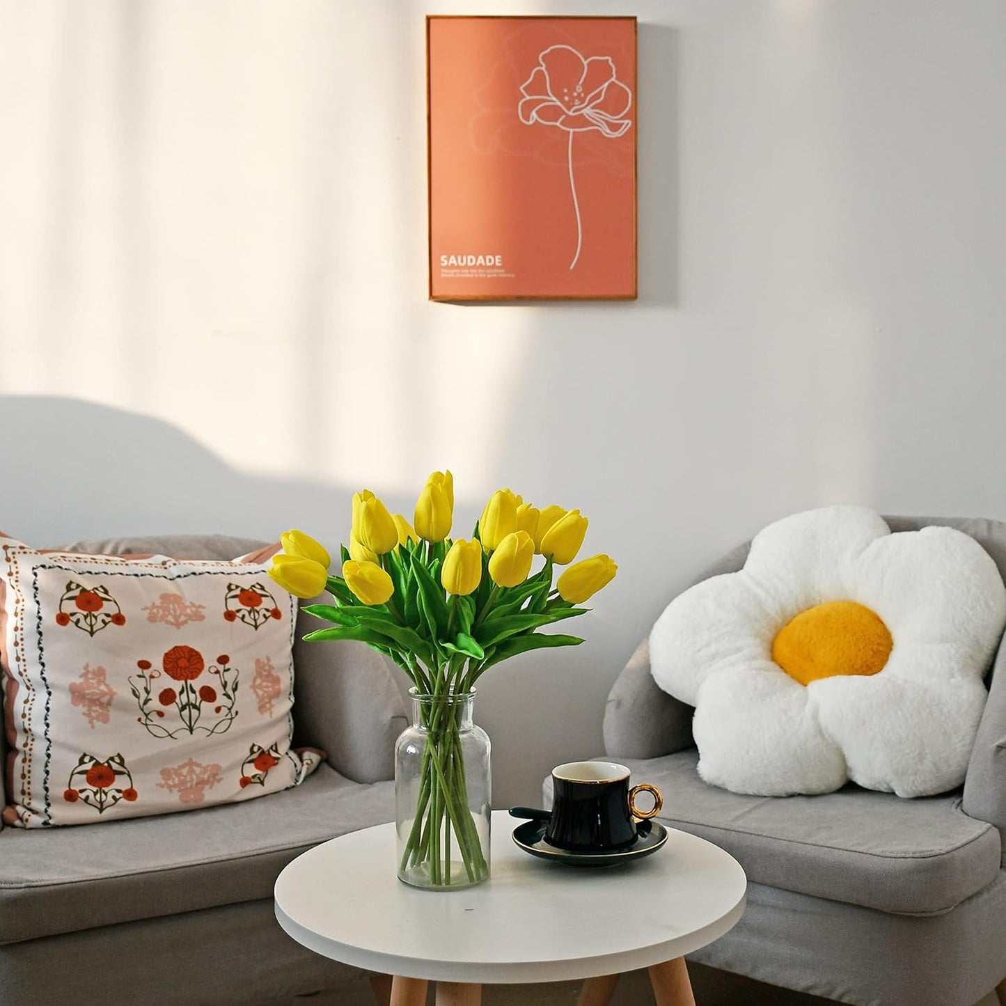 Mandy's Artificial Tulips 20 Stems Yellow PU Faux Flowers for Wedding Home Decor 13.5 Inch