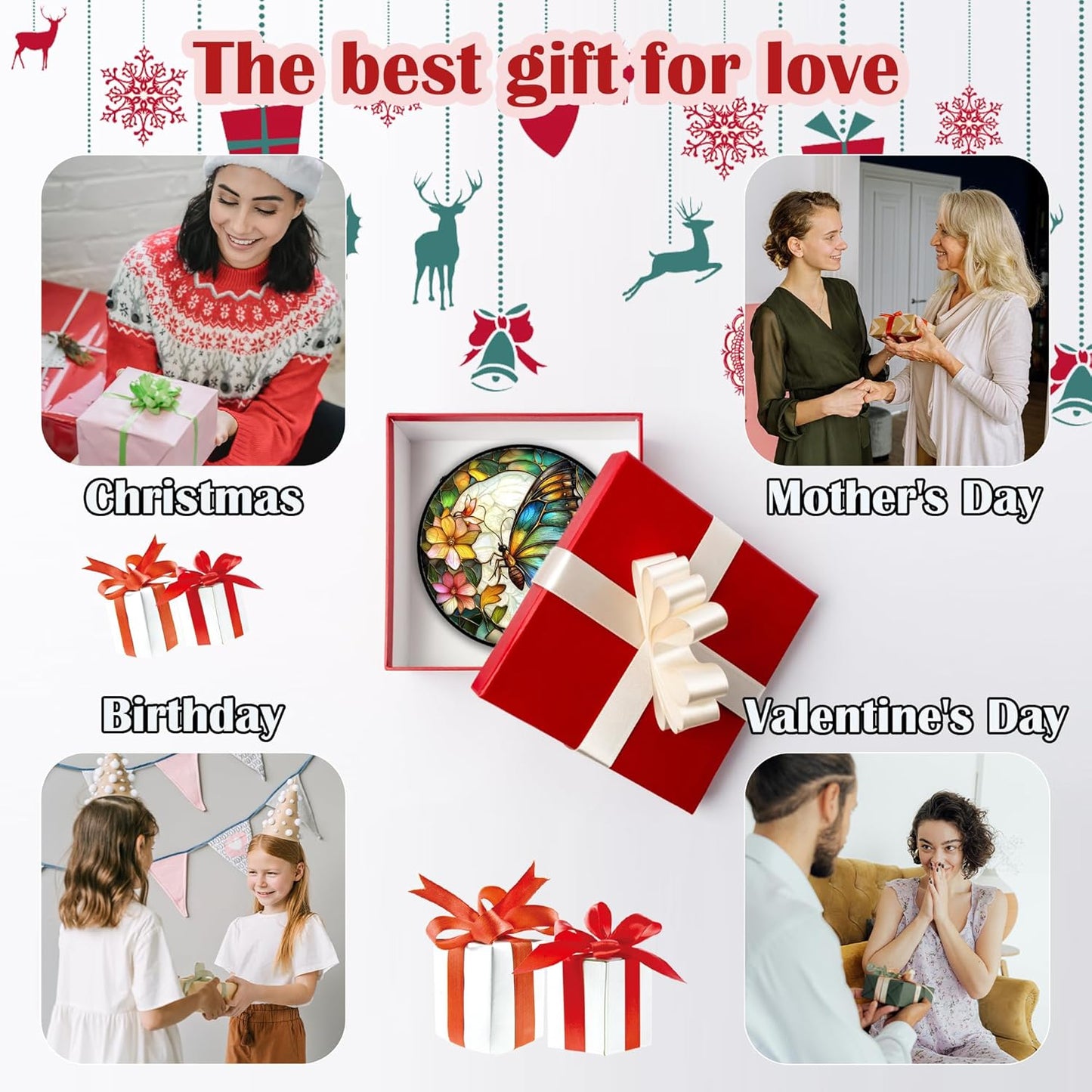 Stained Glass Window Hanging, Butterfly Flower Sun Catchers Diamond Glass Panel Hangings Insect Suncatcher Decor for Birthday for Women, Men, Wife, Aunt, and Mom 15x15 in