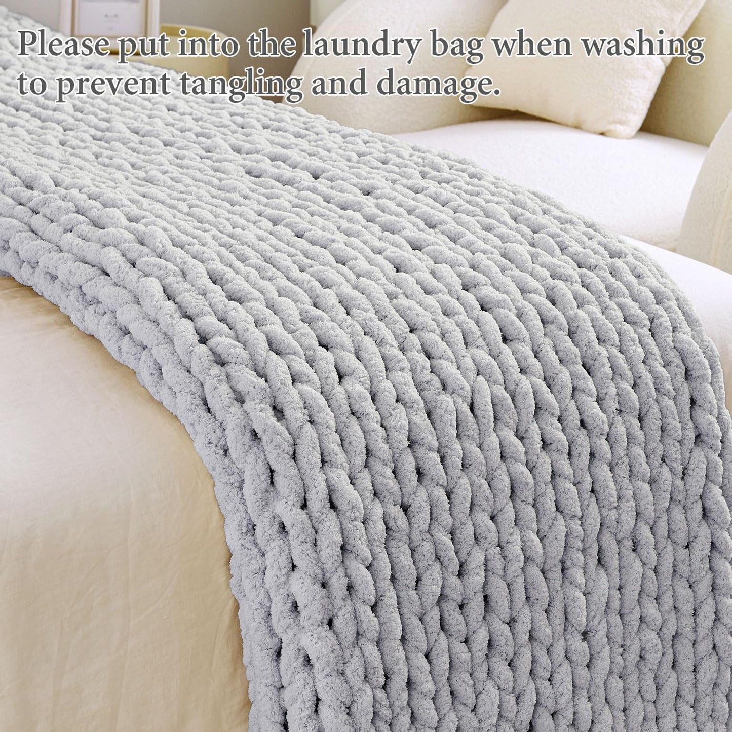Admitrack Chunky Knit Blanket Throw, 100% Hand Knit Chenille Throw Blanket for Sofa & Home Decor, Soft and Cozy Knitted Throw Blankets (Light Gray,51"x63")