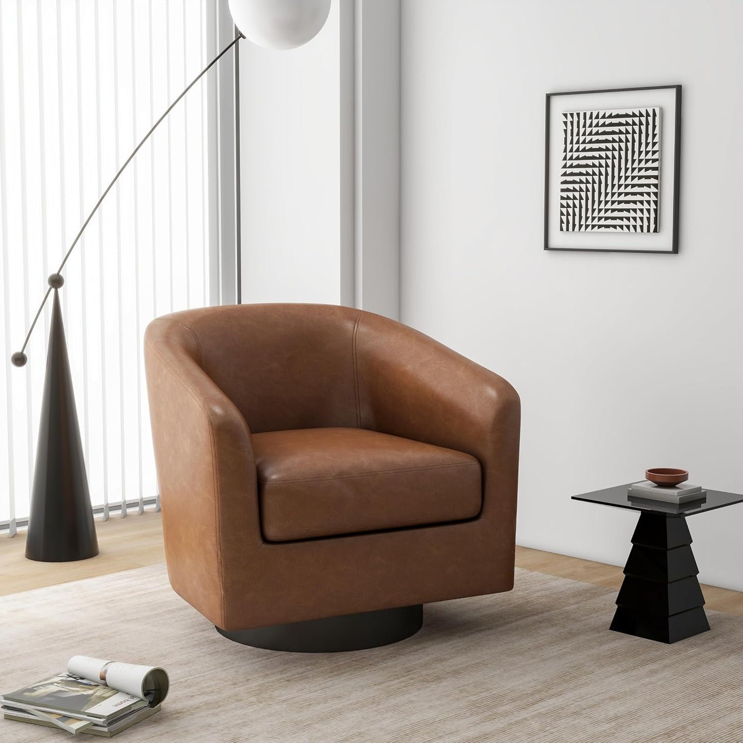 Swivel Barrel Accent Chair, Modern Round Faux Leather Arm Chair for Living Room, Bedroom, Comfy Club Reading Chairs for Adults(Faux Leather, Brown, Set of 4)