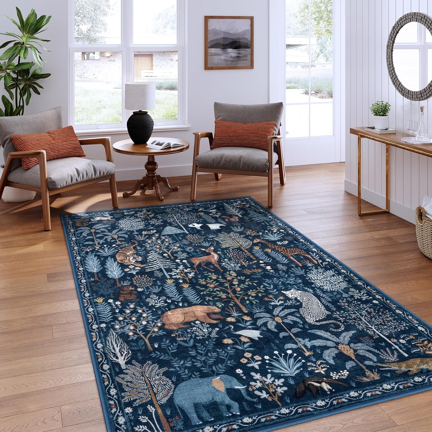 OJIA Jungle Print Blue 5x7 Rugs for Living Room, Soft Ultra-Thin Washable Area Rugs for Bedroom Non-Slip Modern Entryway Rug Non Shedding Indoor Carpet Kids Rugs for Playroom Nursery Classroom