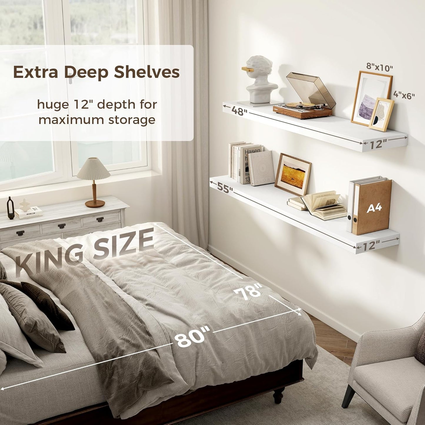 Fun Memories White Floating Shelves 55 Inch Long, 12 Inch Deep Floating Shelves for Wall, 55 x 12 Large Wall Shelf for Fireplace Mantel, 2 Inch Thick Storage Shelves for Living Room, Bedroom, 1 Pack