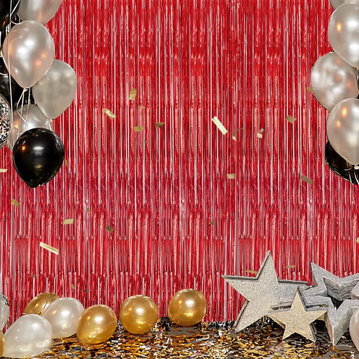 3 Pack Foil Fringe Backdrop - Red Shiny Tinsel Curtains for Party Decoration/Photo Booth Props - 3.3x8.2 FT Metallic Foil Backdrop for Birthday, Wedding, Graduation, Christmas.