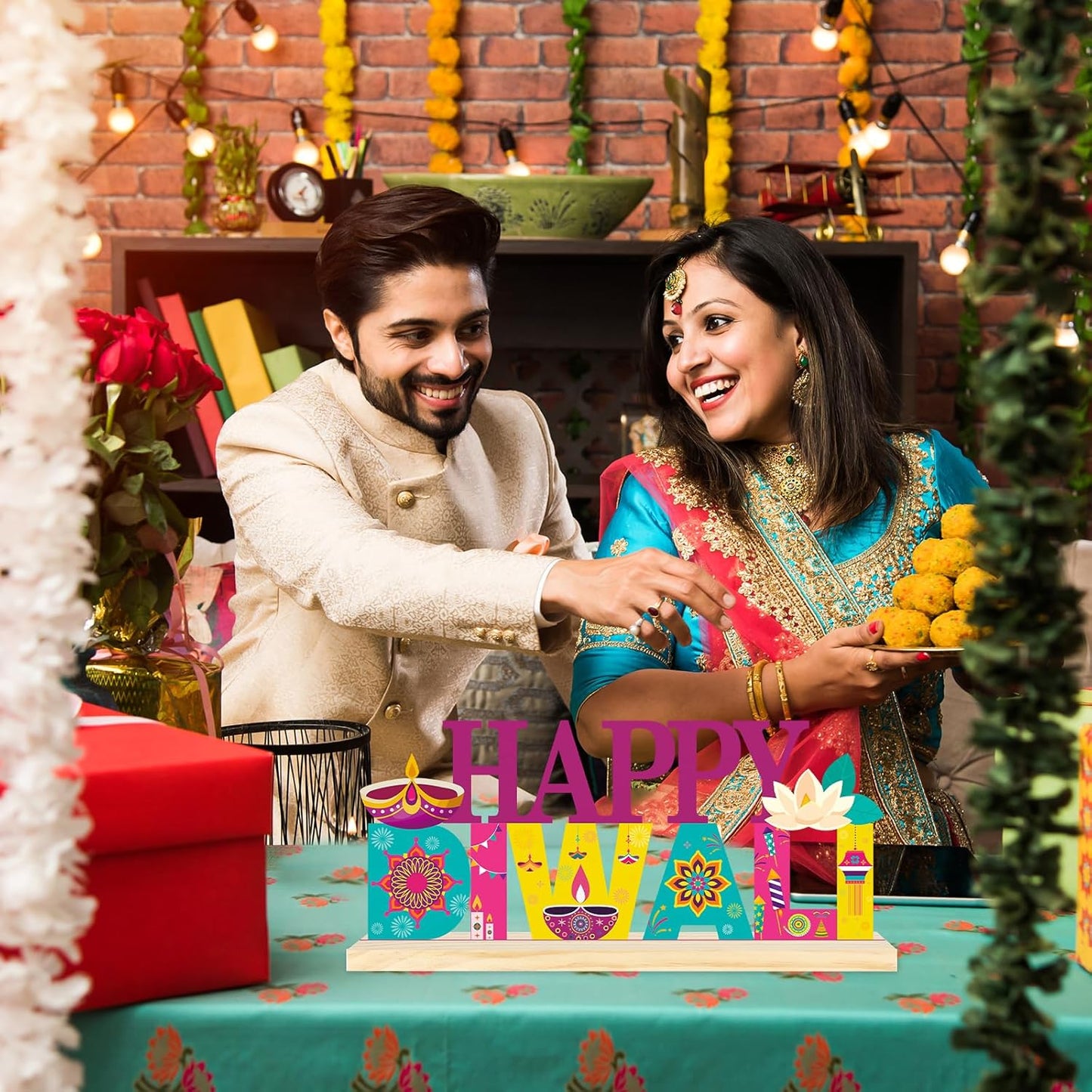 COCHIE Metal Happy Diwali Sign, Indian Festival of Light Table Centerpieces Decorations for Home, Office, Shelf, Mantel, Indoor, Traditional Party Supplies Decor (Diwali)