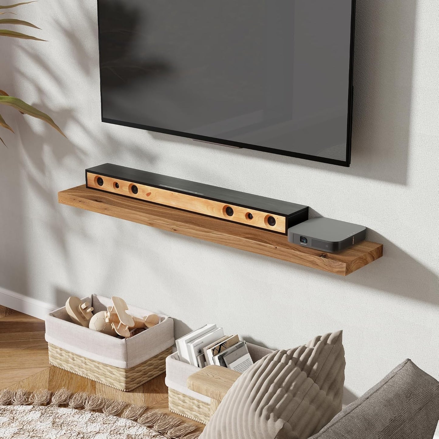 Fun Memories Rustic Elm Wood Floating Shelves for Wall, 48" Floating Shelf Wall Mounted, Long Floating Disply Shelf with Heavy-Duty Bracket for Living Room, Kitchen, Bathroom, Natural Color, Set of 1