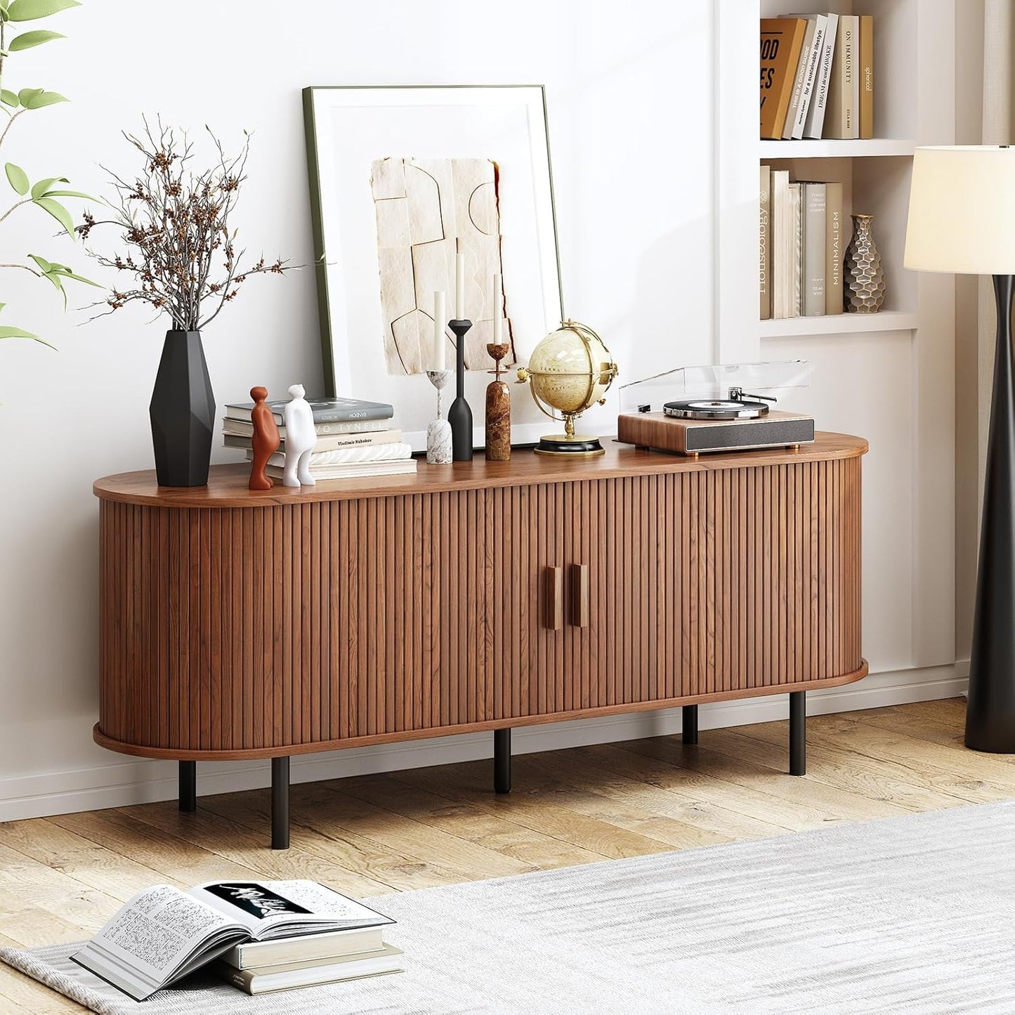 TV Stand with Power Outlet, Mid-Century Modern Television Stand, Media Console with Sliding Doors, Entertainment Center for TVs up to 60 Inch, Adjustable Shelves, Walnut