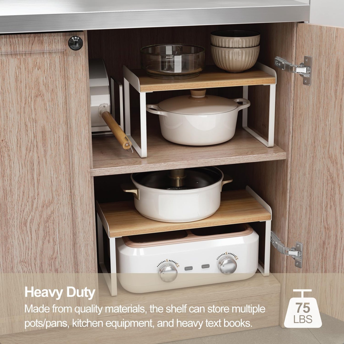 Mitus Shelf Organizer and Storage, Tiered Wood Cabinet Rack for The Kitchen Counter, Bathroom Counter, Pantry Cupboard, Office Desk Bookshelf, 12" Wide Natural and White