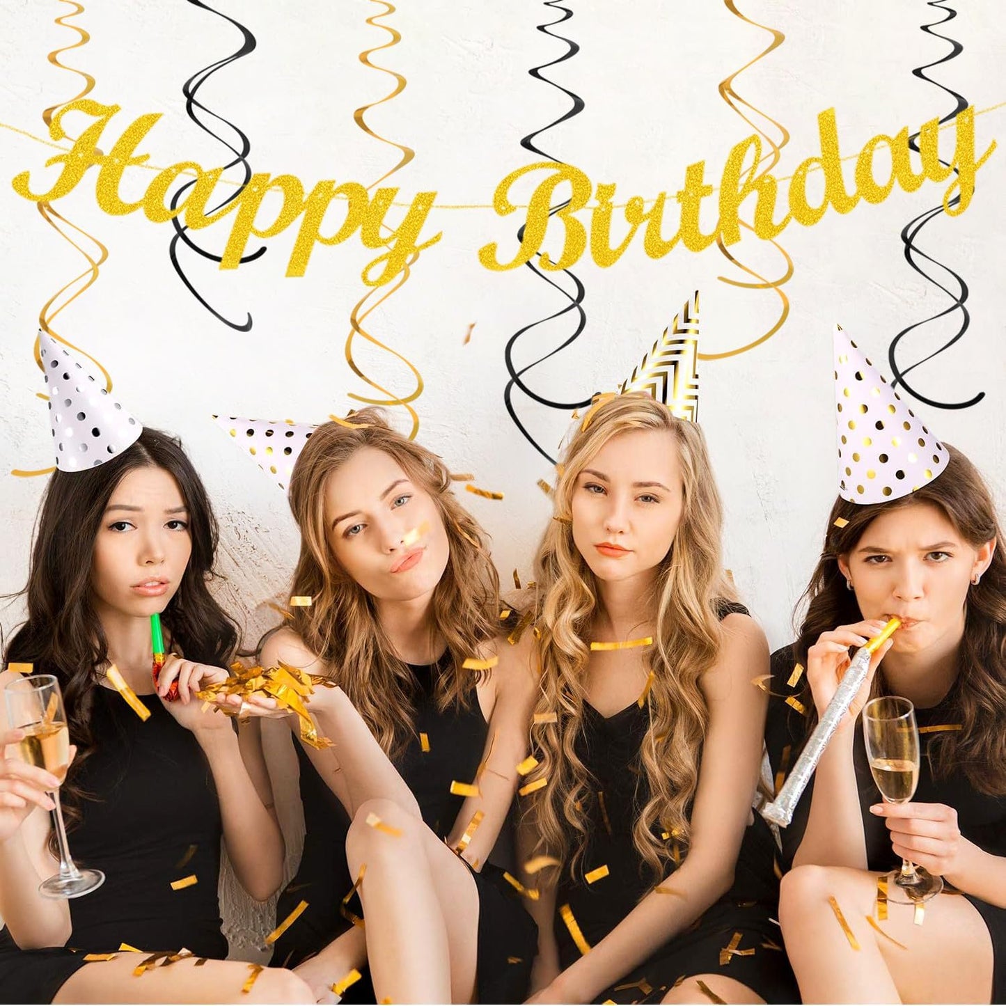 Black Gold Women-Men Birthday Party-decorations - 21pcs Happy Banner,Paper Streamers Lanterns Honeycomb,Tissue Pom Poms Fan,Classroom Birthday Supplies Decor Huglony