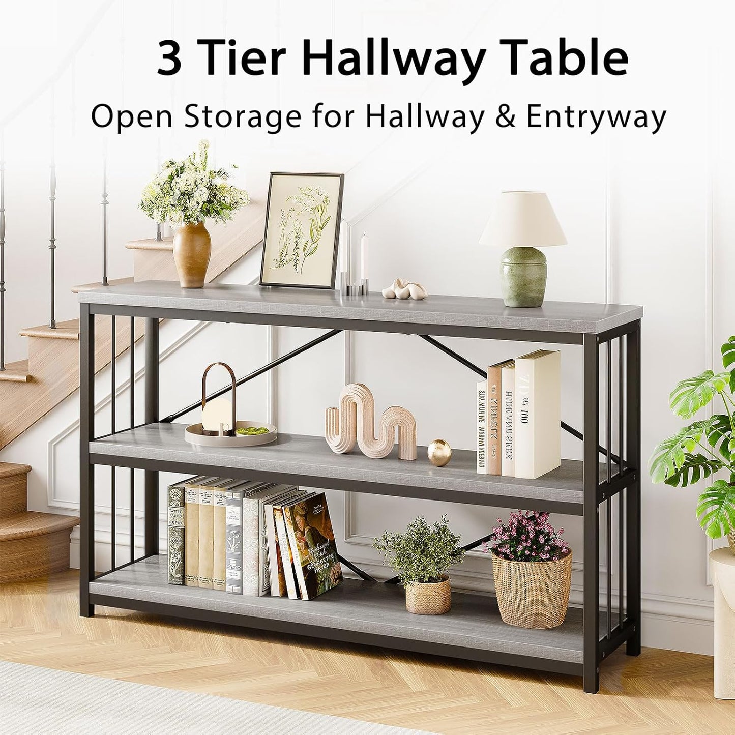 LVB Farmhouse Entryway Table, Metal Wood Console Table for Hallway, Industrial Rustic Sofa Table with 3-Tier Storage Shelf, Modern Entry Table for Foyer Front Home Living Room, Light Grey Oak, 47 inch