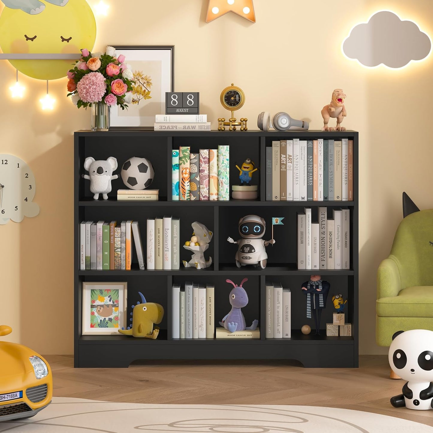 Book Shelf Set of 2, 8 Cubes Storage Organizer, 3-Tier Open Shelf Wooden Bookcase, Freestanding Balck Bookshelf Cube Shelf for Bedroom, Living Room, Home Office